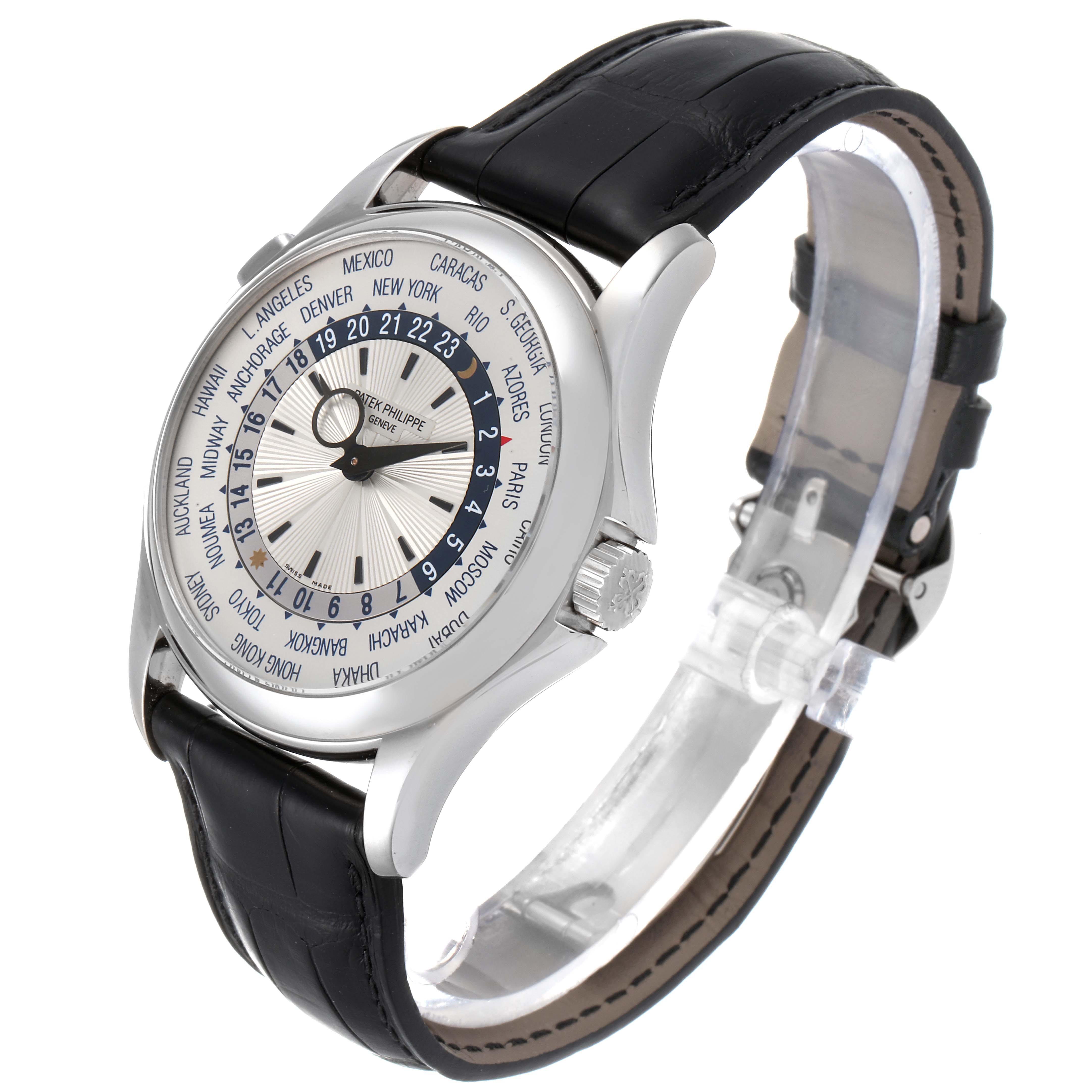 The Patek Philippe Complications 5130G-019 Men's White Gold Silver Dial 5130G-019 Men's White Gold Silver Dial watch is shown at a three-quarter angle, highlighting the dial, bezel, crown, and leather strap.