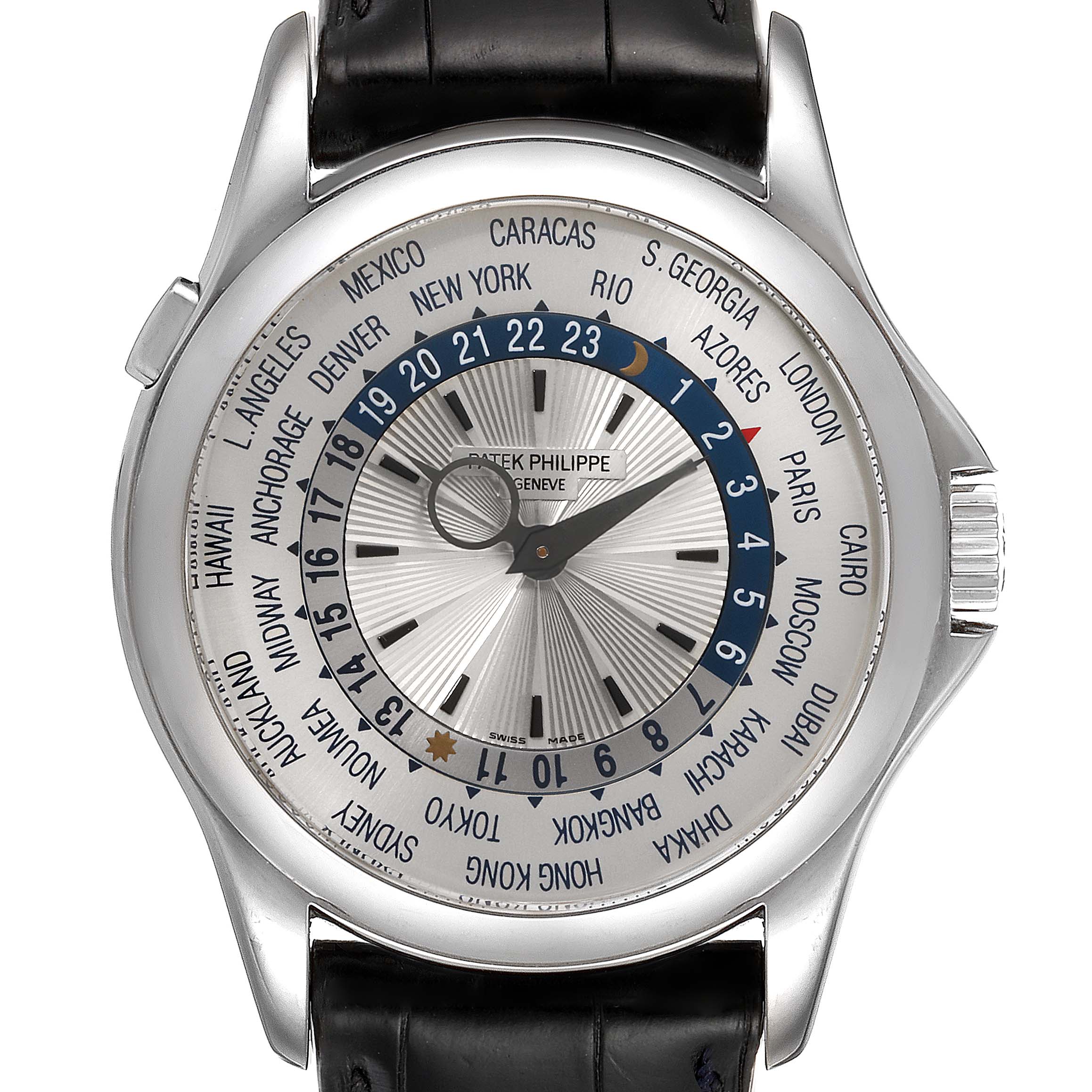 The image shows a front view of the Patek Philippe Complications 5130G-019 Men's White Gold Silver Dial 5130G-019 Men's White Gold Silver Dial watch, displaying its world time feature and black leather strap.