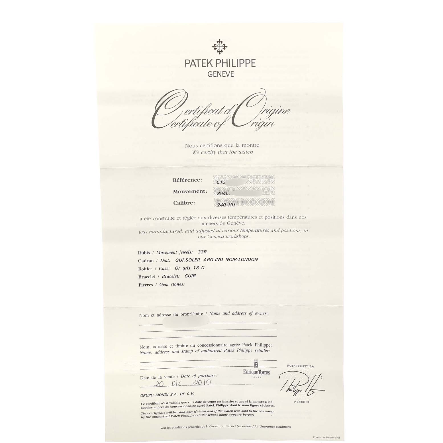 The image shows the Certificate of Origin belonging to a Patek Philippe Complications 5130G-019 Men's White Gold Silver Dial 5130G-019 Men's White Gold Silver Dial watch model.