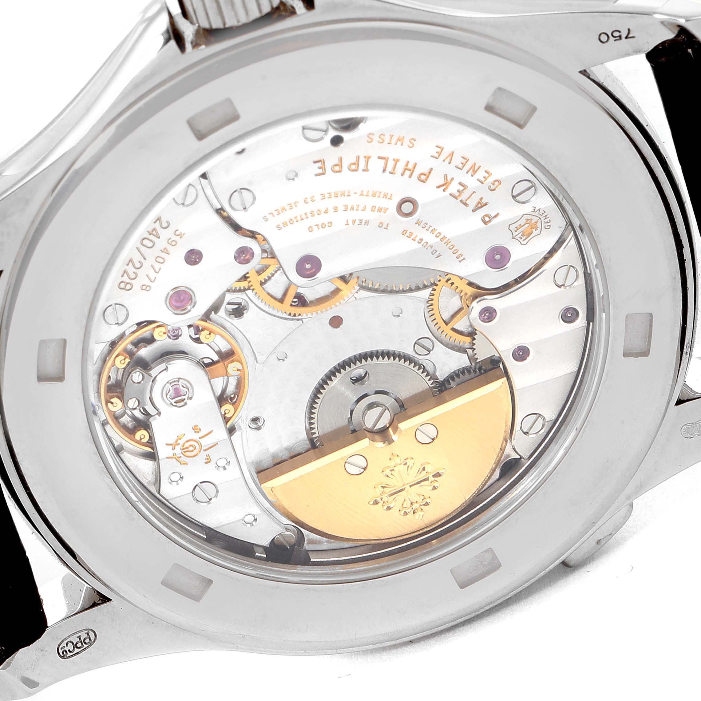The image shows the back view of the movement mechanism of the Patek Philippe Complications 5130G-019 Men's White Gold Silver Dial 5130G-019 Men's White Gold Silver Dial watch.