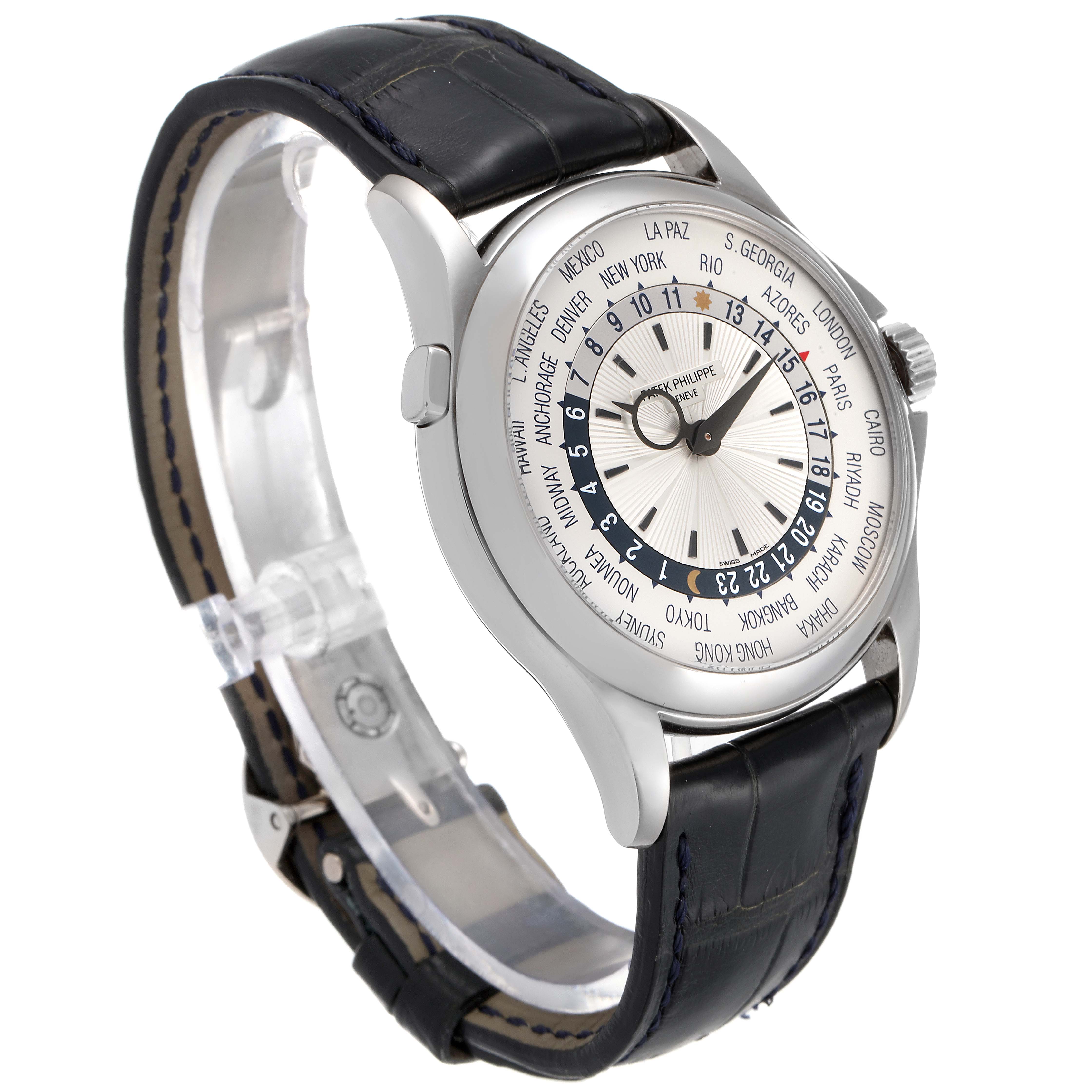 The image shows a side angle view of the Patek Philippe Complications 5130G-019 Men's White Gold Silver Dial 5130G-019 Men's White Gold Silver Dial model watch, highlighting the dial, case, and strap.