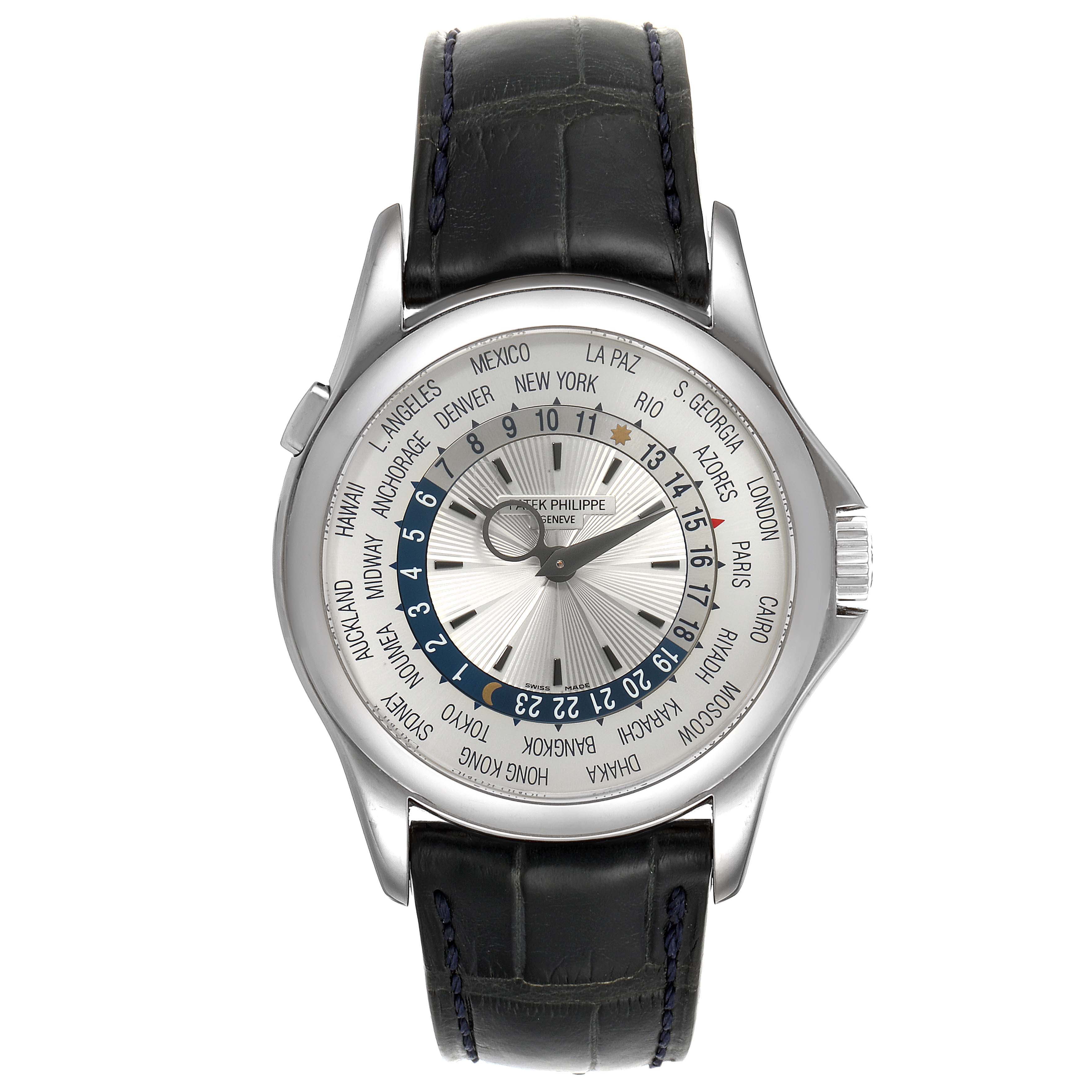 The image shows a front view of the Patek Philippe Complications 5130G-019 Men's White Gold Silver Dial 5130G-019 Men's White Gold Silver Dial watch, displaying its dial and leather strap.