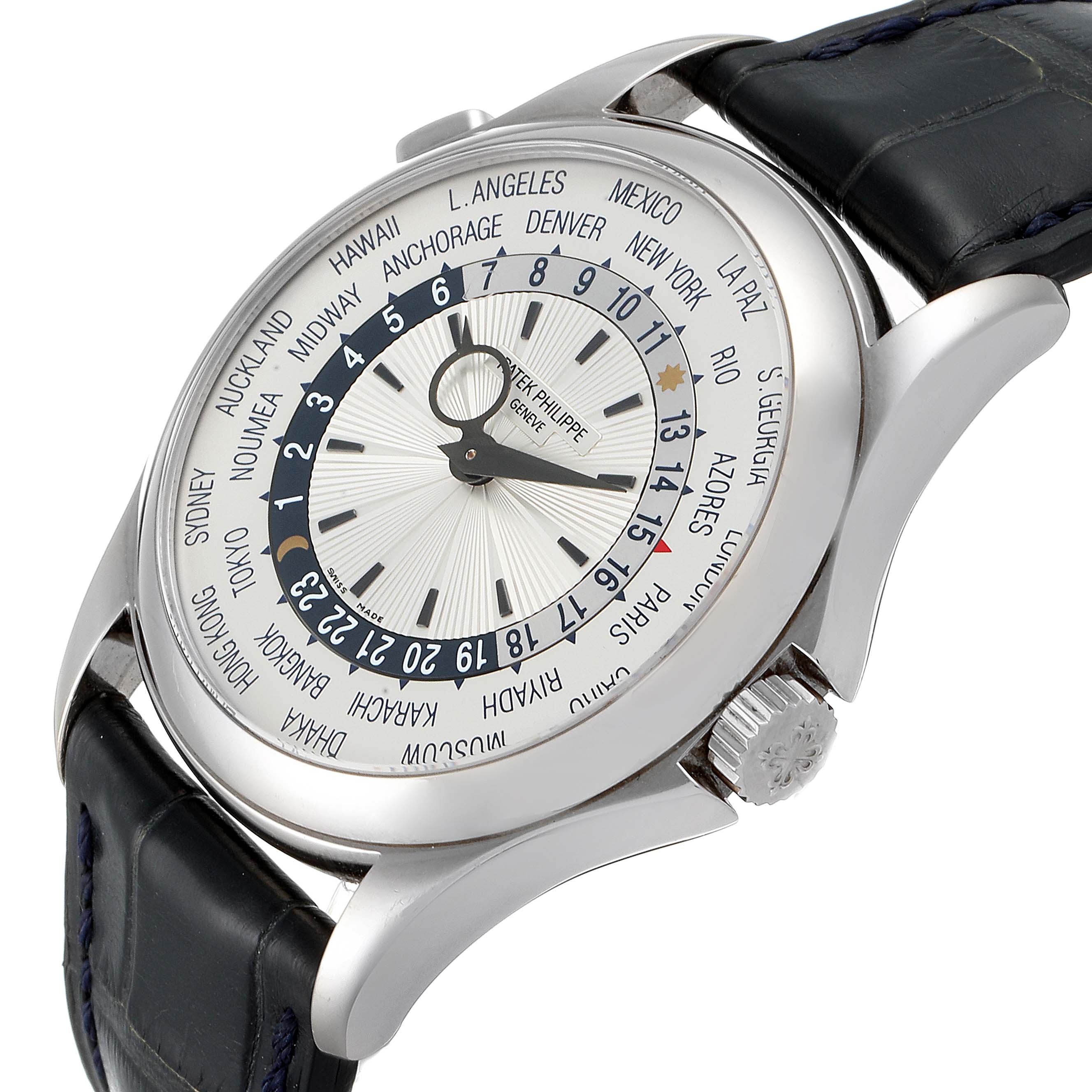 This image shows a side-angle view of the Patek Philippe Complications 5130G-019 Men's White Gold Silver Dial 5130G-019 Men's White Gold Silver Dial model, highlighting the dial, case, and part of the strap.