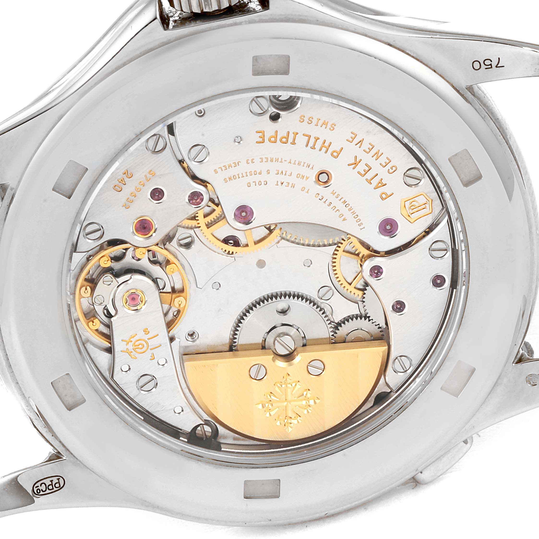 The image shows a close-up of the movement and internal mechanics of a Patek Philippe Complications 5130G-019 Men's White Gold Silver Dial 5130G-019 Men's White Gold Silver Dial watch viewed from the back.