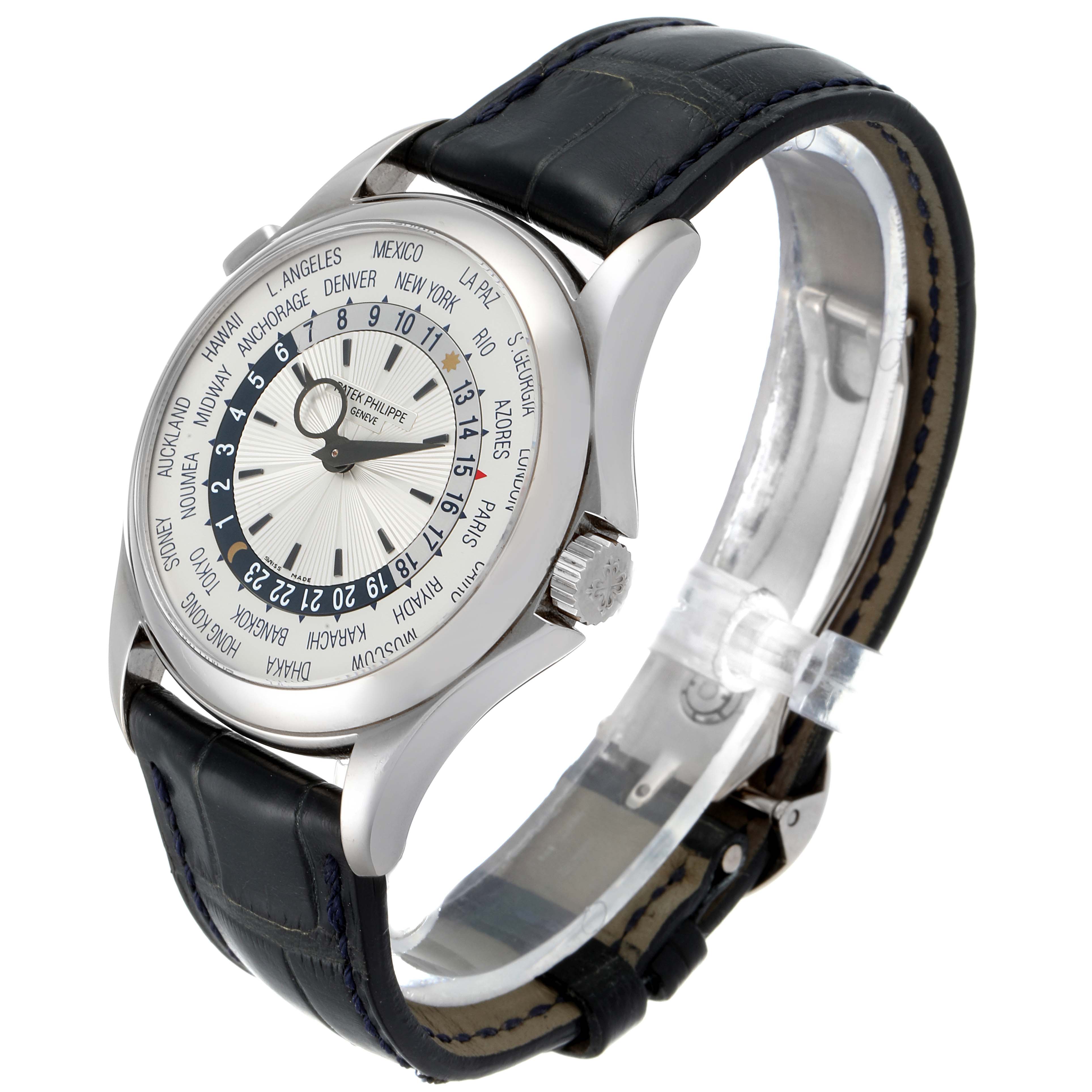 The image shows a side angle of the Patek Philippe Complications 5130G-019 Men's White Gold Silver Dial 5130G-019 Men's White Gold Silver Dial watch, highlighting the face and leather strap.