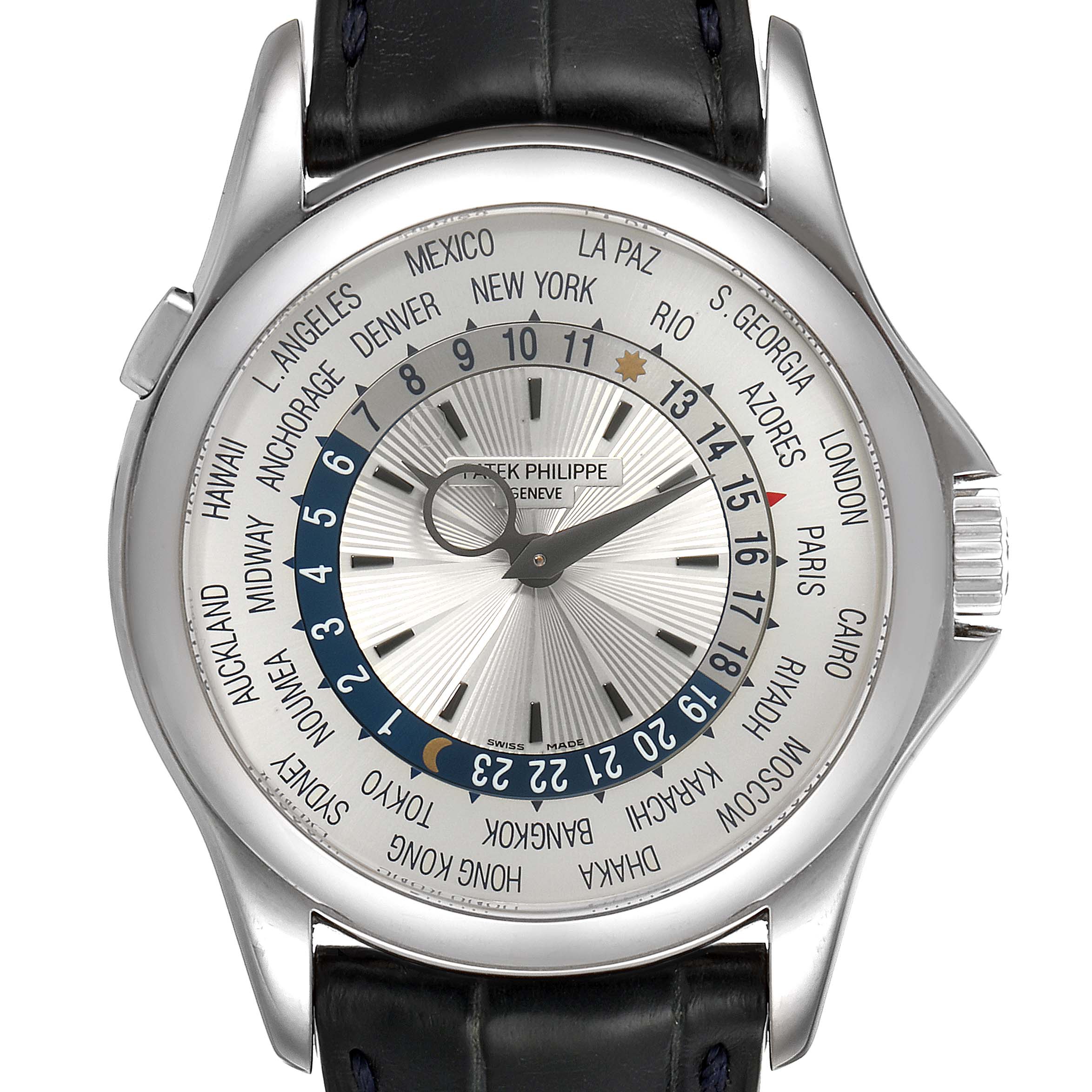 The image shows a front angle of the Patek Philippe Complications 5130G-019 Men's White Gold Silver Dial 5130G-019 Men's White Gold Silver Dial model, highlighting the dial, hands, bezel, and strap.