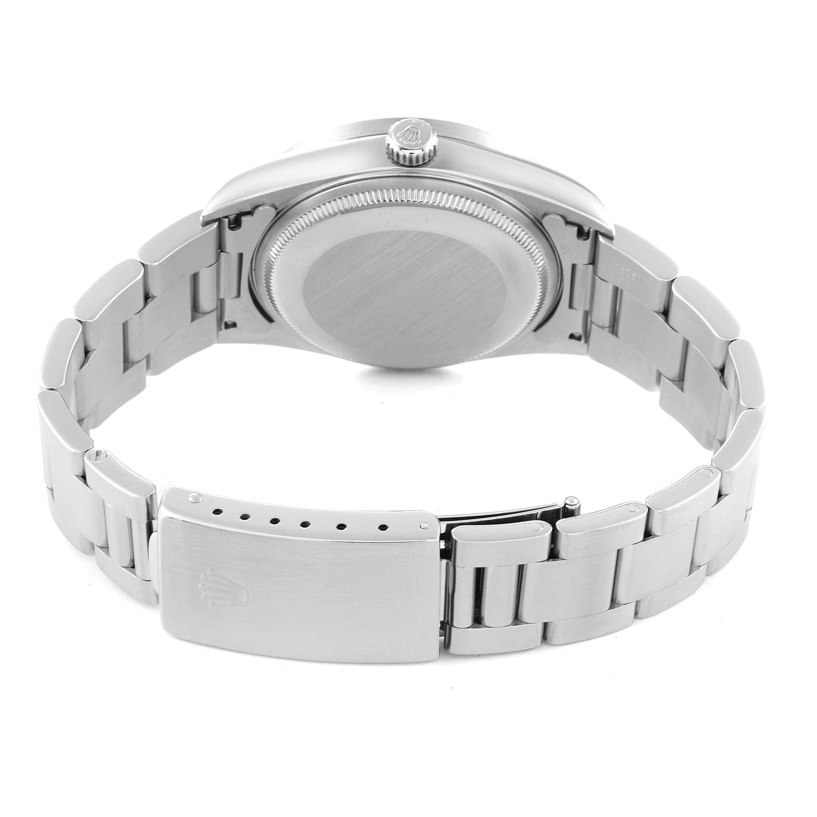 This image shows the back case and bracelet clasp of a Rolex Air-King 14010 Men's Stainless Steel Blue Dial 14010 Men's Stainless Steel Blue Dial watch from a rear angle.