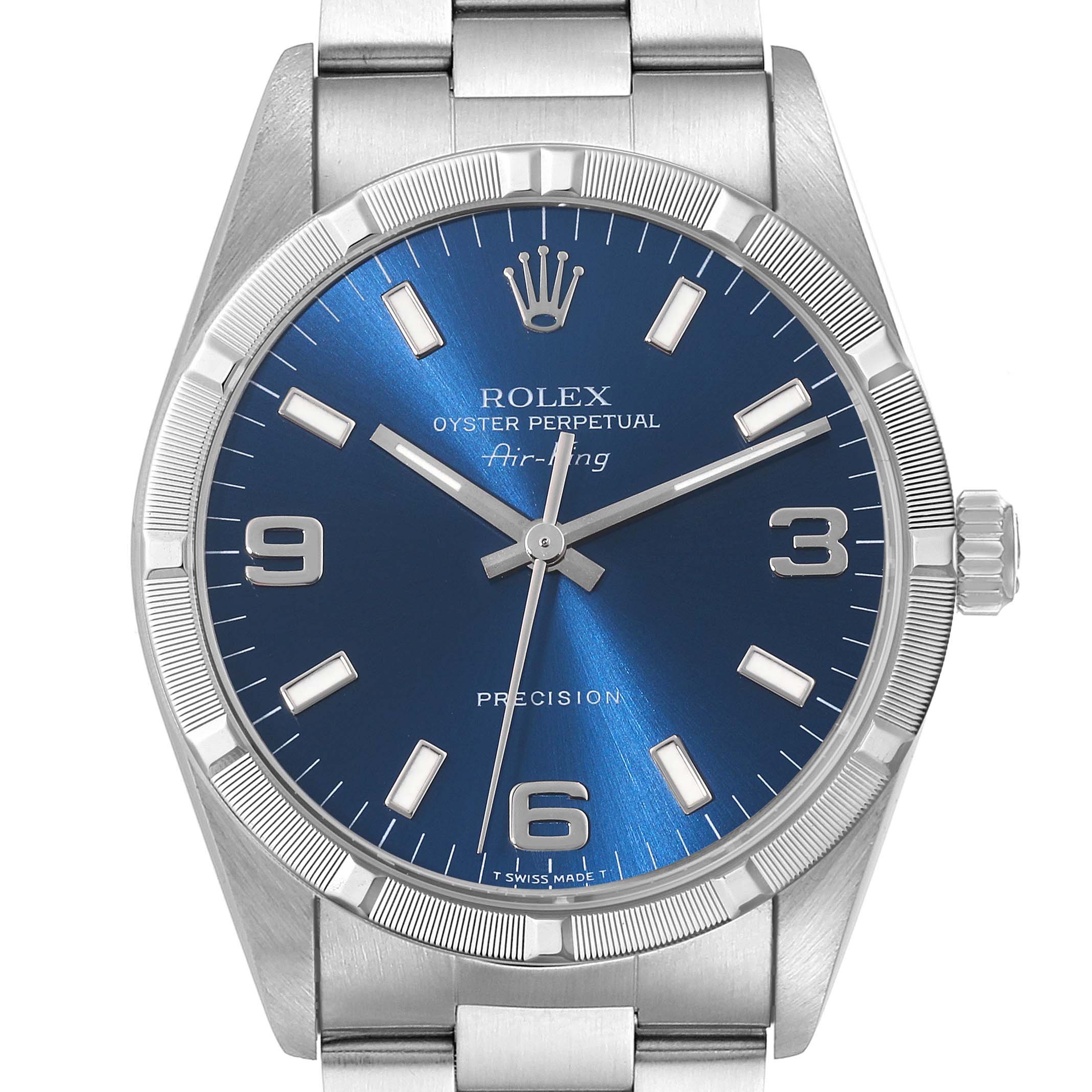 The image shows a front view of the Rolex Air-King 14010 Men's Stainless Steel Blue Dial 14010 Men's Stainless Steel Blue Dial watch, featuring its blue dial, stainless steel case, and bracelet.