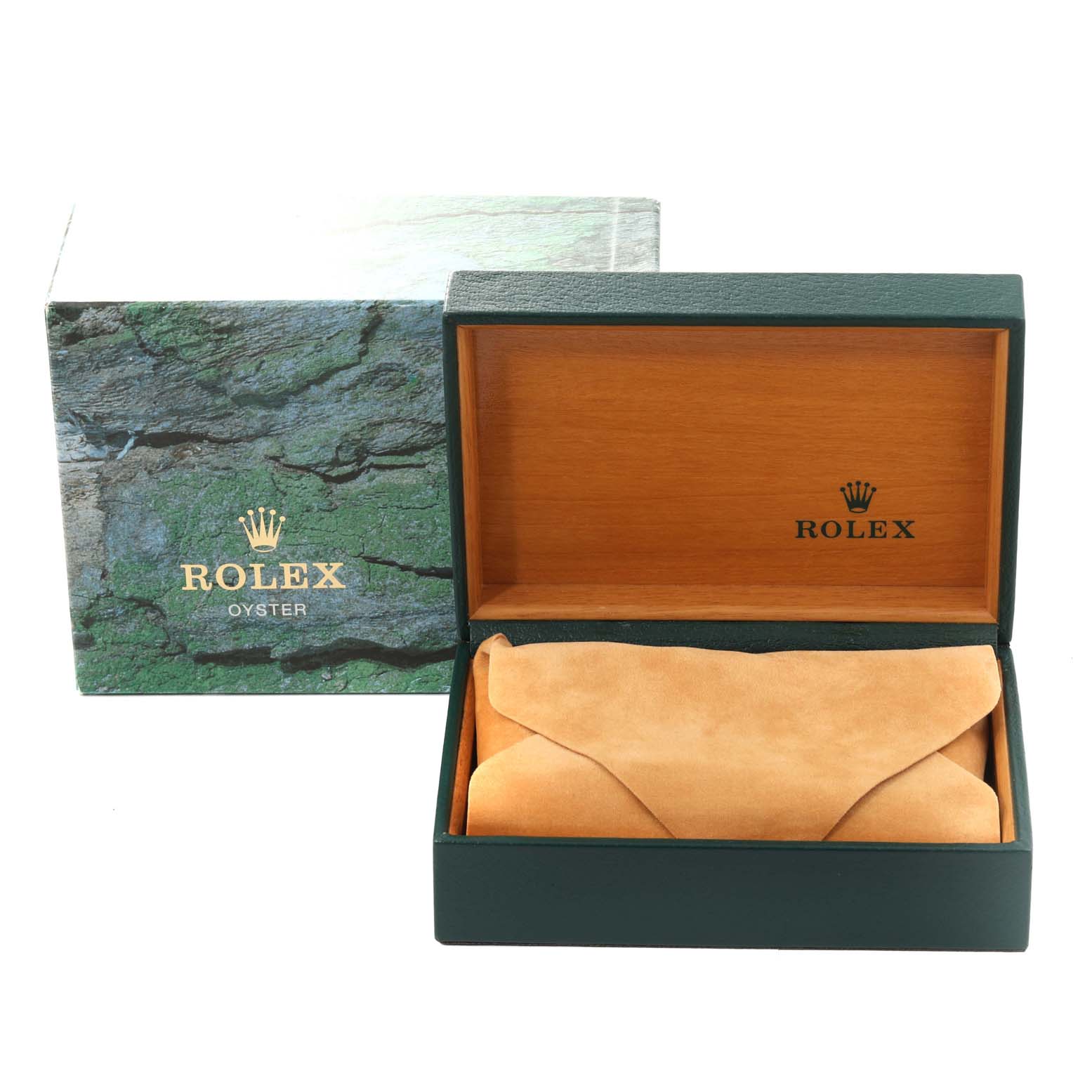 The image shows a Rolex box and packaging for the Air-King model, including an open wooden Rolex case and an outer cardboard box.