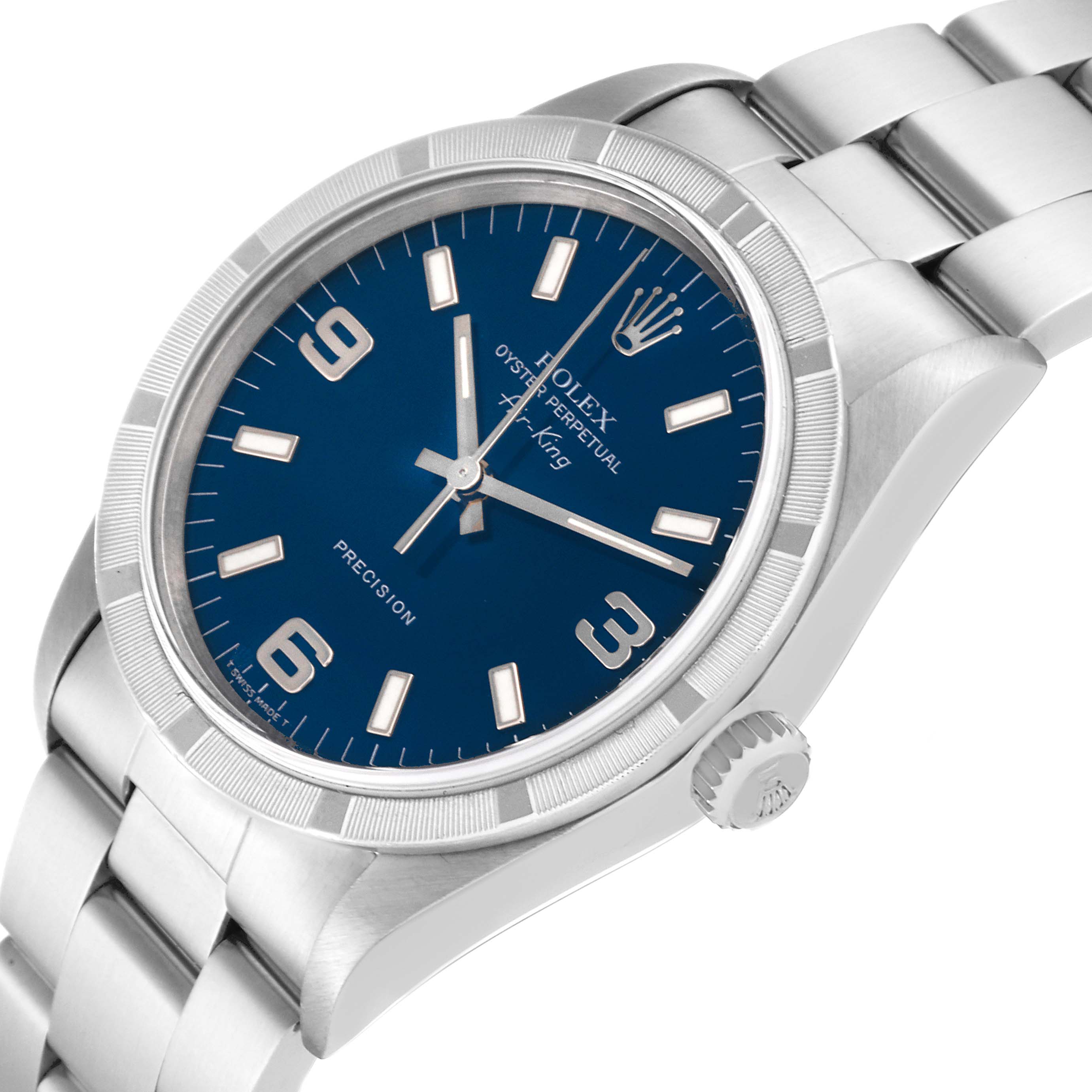 The Rolex Air-King 14010 Men's Stainless Steel Blue Dial 14010 Men's Stainless Steel Blue Dial watch is shown at an angle showcasing its blue dial, silver indices, crown, and part of the stainless steel bracelet.