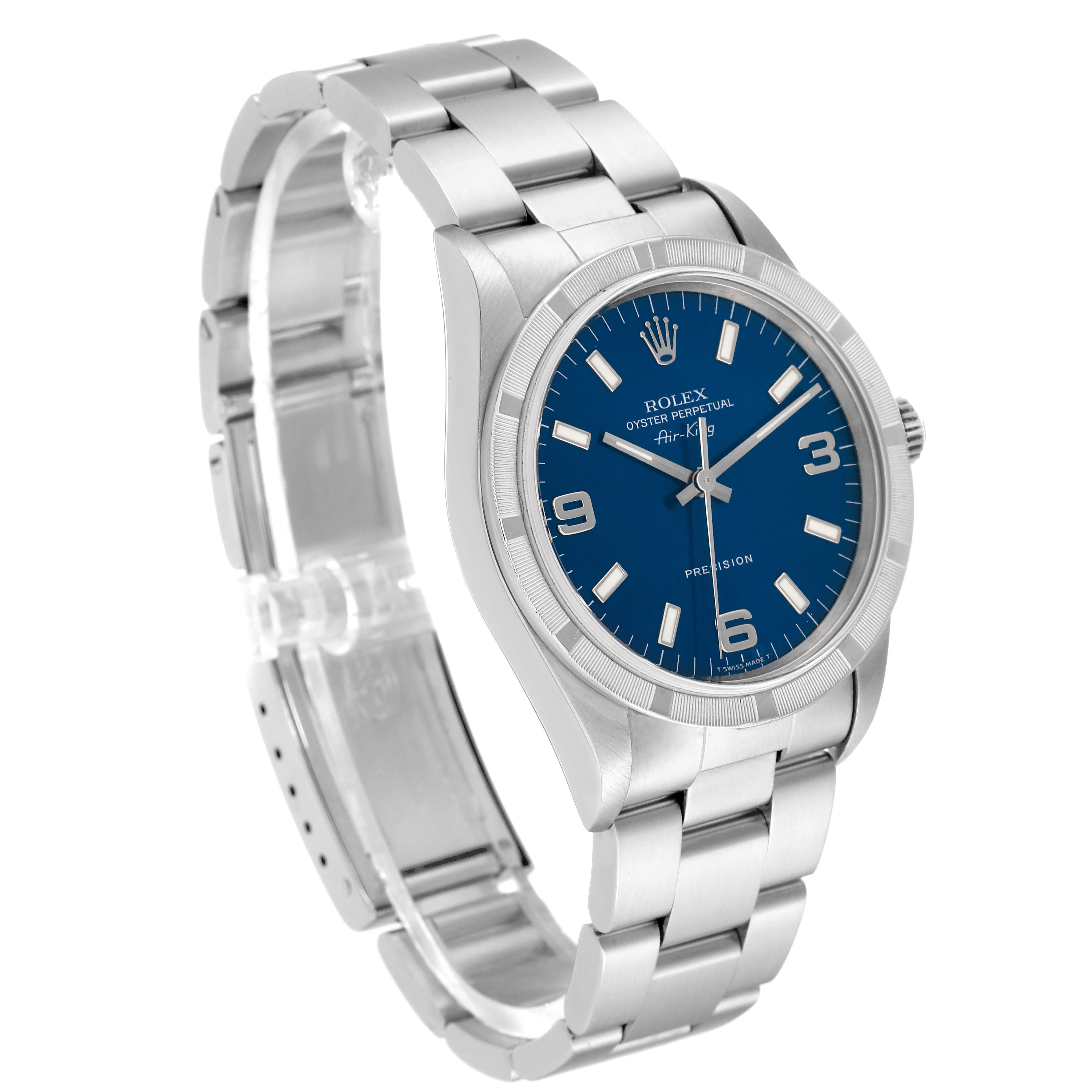 The image shows a Rolex Air-King 14010 Men's Stainless Steel Blue Dial 14010 Men's Stainless Steel Blue Dial watch at a three-quarter angle, highlighting the blue dial, bezel, bracelet, and crown.
