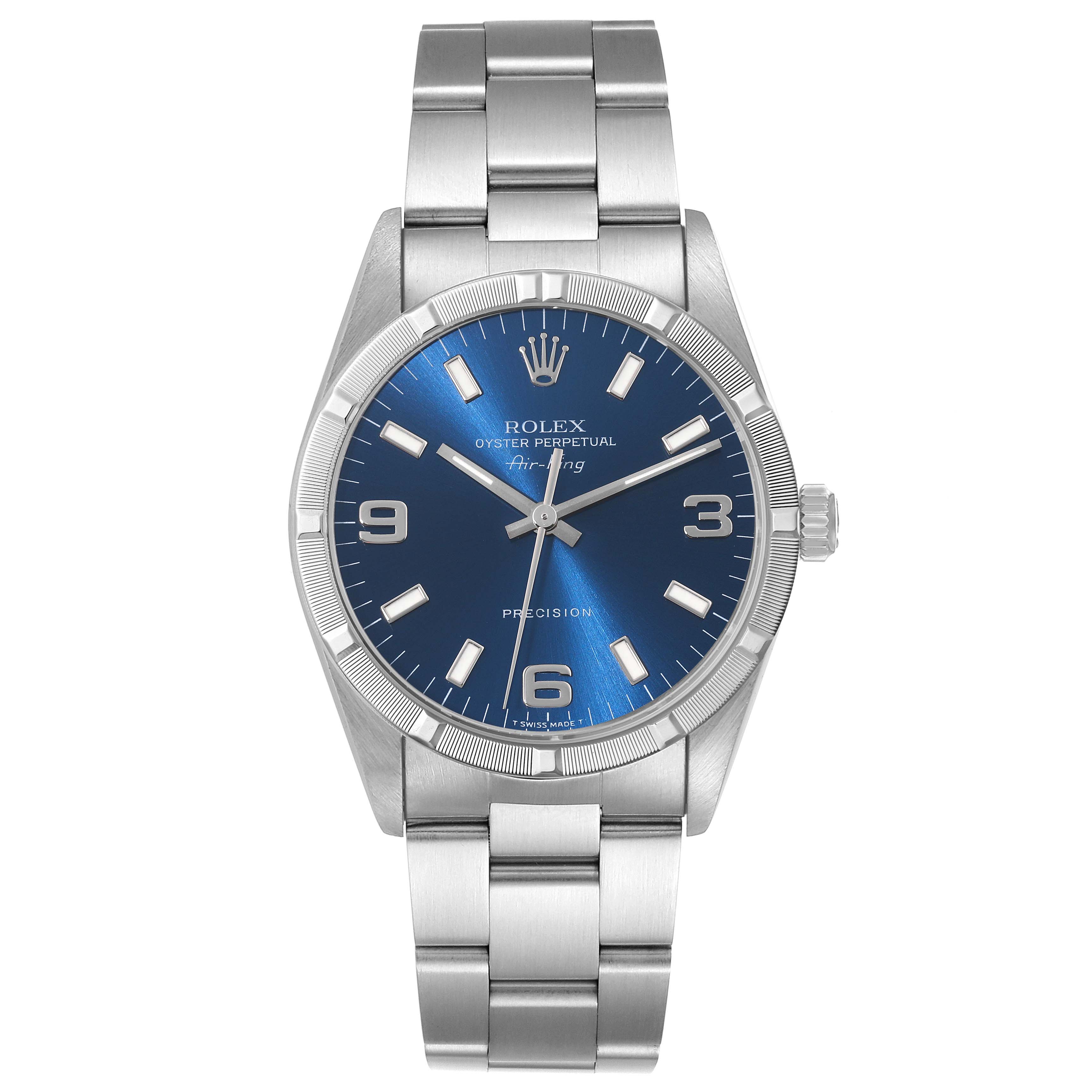 The image shows a front view of a Rolex Air-King 14010 Men's Stainless Steel Blue Dial 14010 Men's Stainless Steel Blue Dial watch displaying its dial, bezel, crown, and stainless steel bracelet.