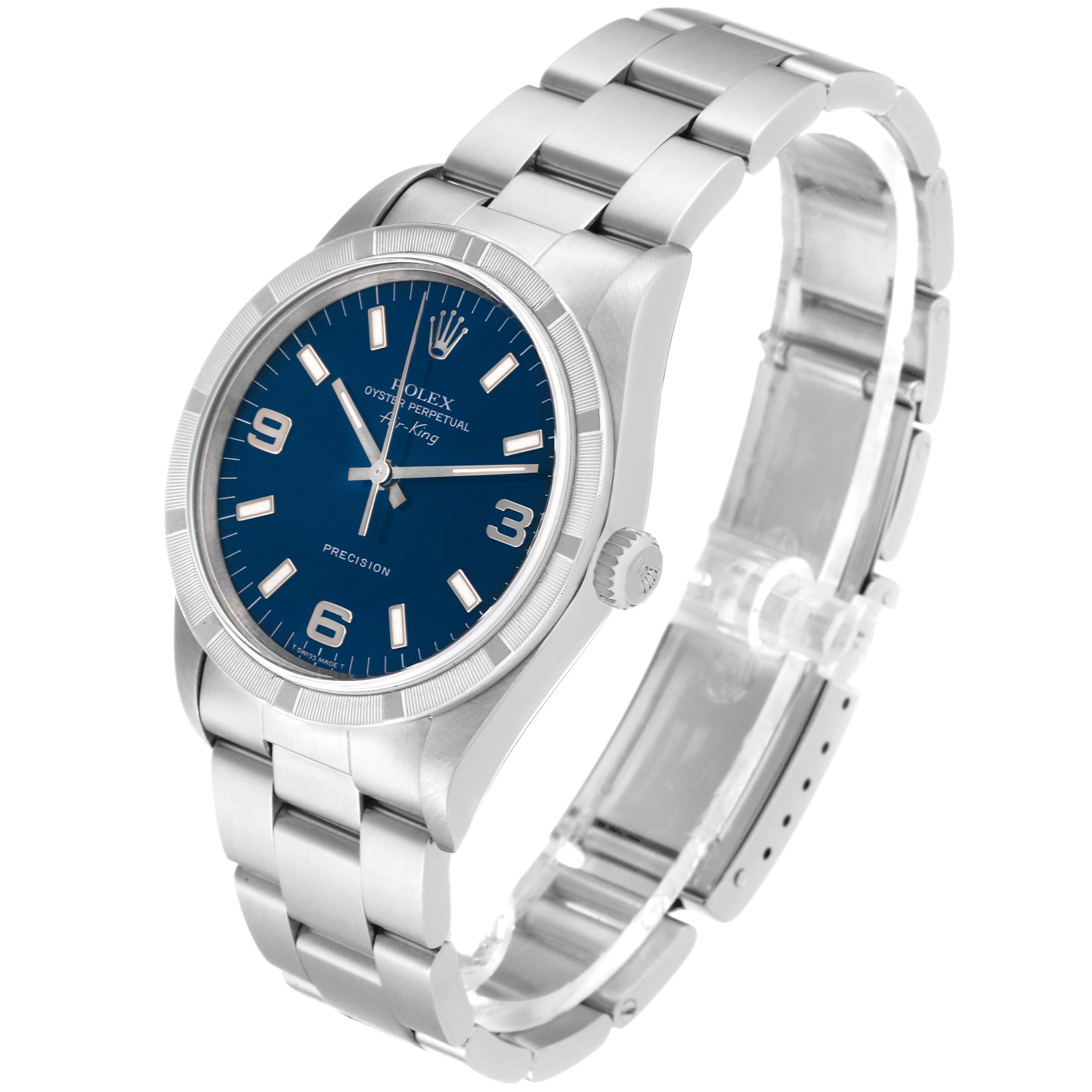 This image shows a Rolex Air-King 14010 Men's Stainless Steel Blue Dial 14010 Men's Stainless Steel Blue Dial watch from a three-quarter angle, highlighting its blue dial, stainless steel case, and bracelet.