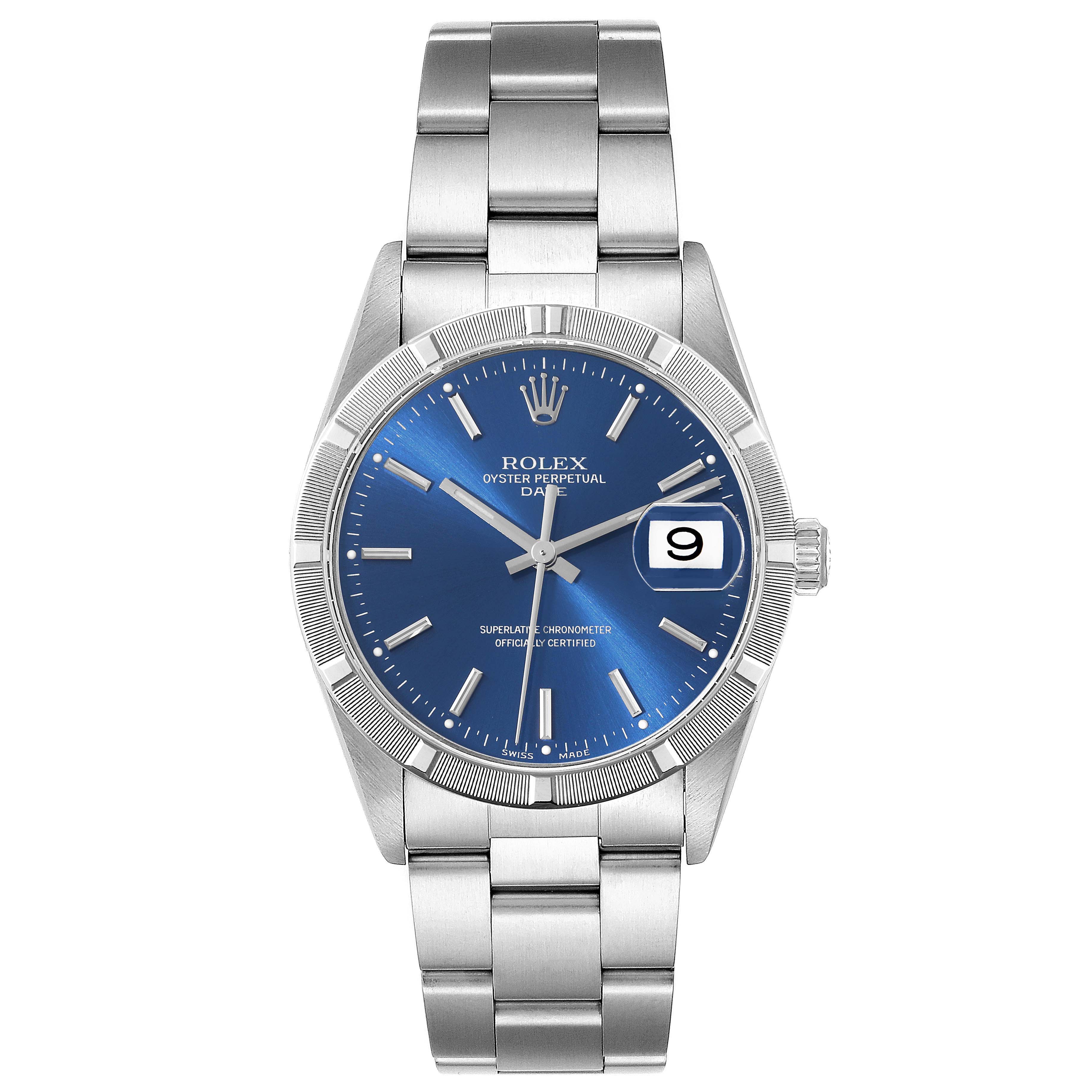 This image shows a front view of a Rolex Date 15210 Men's Stainless Steel Blue Dial 15210 Men's Stainless Steel Blue Dial watch, highlighting the blue dial, date window, and stainless steel bracelet.