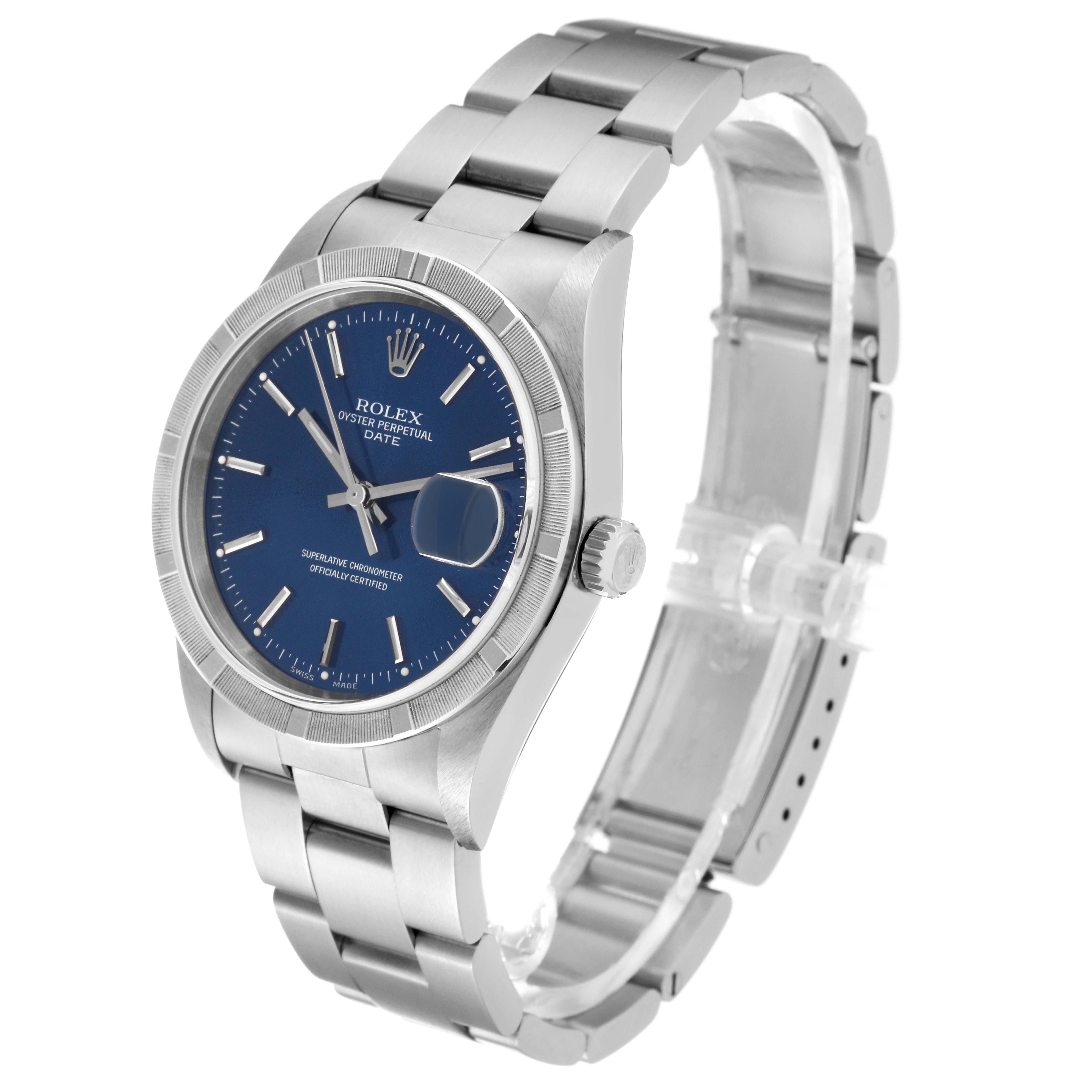 The Rolex Date 15210 Men's Stainless Steel Blue Dial 15210 Men's Stainless Steel Blue Dial watch is shown at an angled view, capturing the face, bezel, crown, bracelet, and clasp in detail.