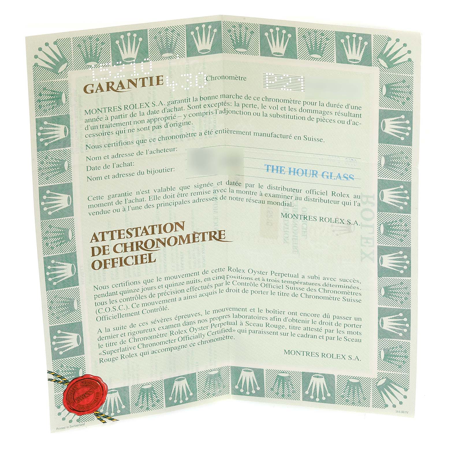 The image shows a flat, unfolded warranty certificate and official chronometer certification for a Rolex Date 15210 Men's Stainless Steel Blue Dial 15210 Men's Stainless Steel Blue Dial model.