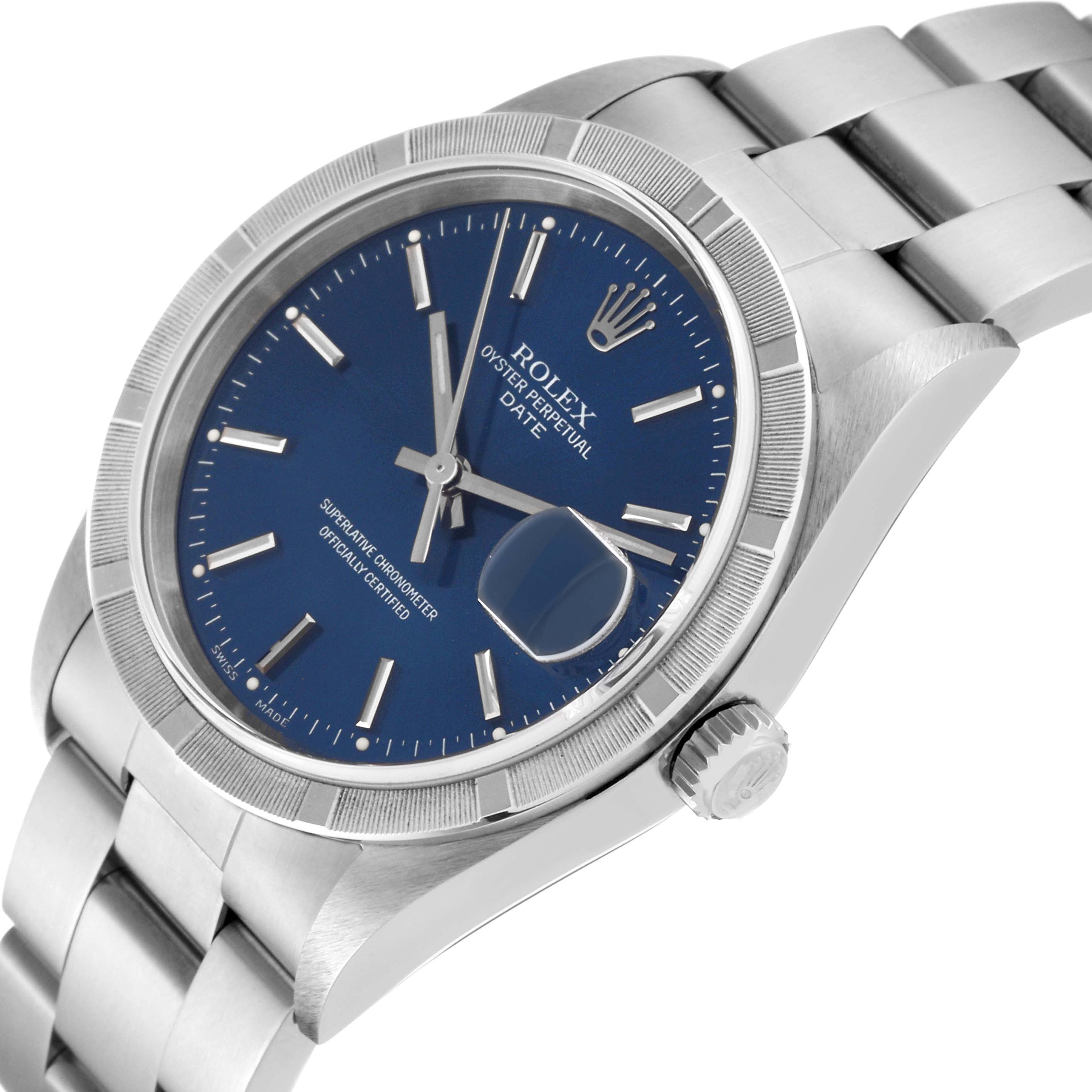 This image shows a side angle of a Rolex Date 15210 Men's Stainless Steel Blue Dial 15210 Men's Stainless Steel Blue Dial watch, highlighting the blue dial, date magnifier, and part of the bracelet.