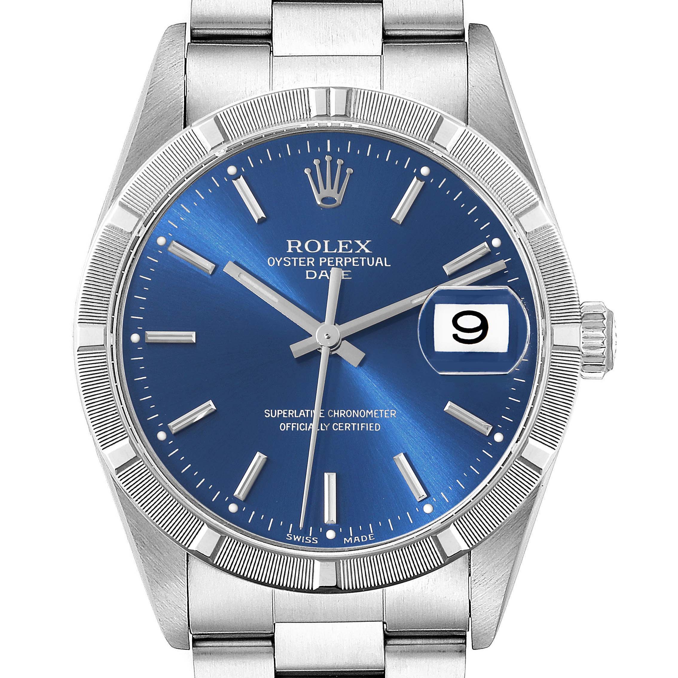 The image shows the front view of a Rolex Date 15210 Men's Stainless Steel Blue Dial 15210 Men's Stainless Steel Blue Dial model watch, highlighting its blue dial, date window, and stainless steel bracelet.