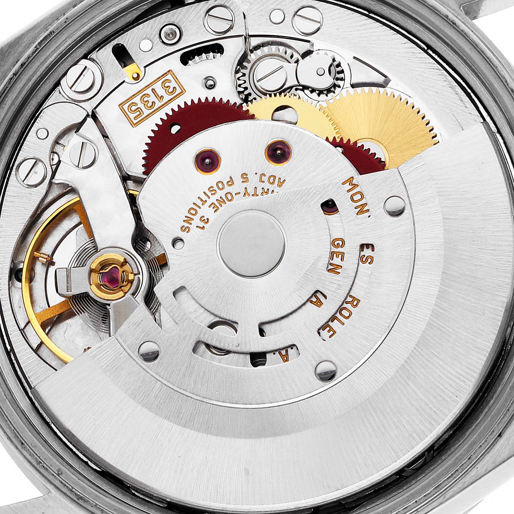 The image shows the intricate movement and internal mechanism of a Rolex Date 15210 Men's Stainless Steel Blue Dial 15210 Men's Stainless Steel Blue Dial model watch from a close-up angle.