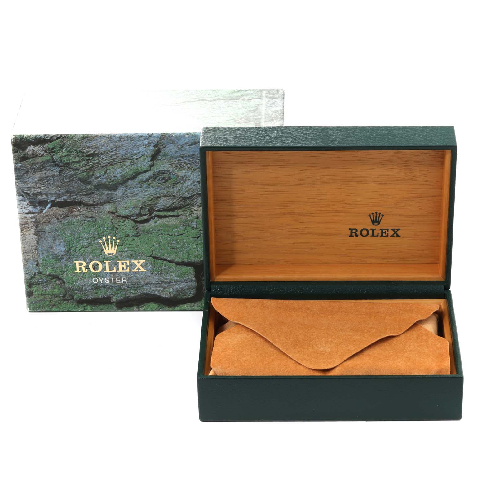 The image shows an open Rolex Date 15200 Men's Stainless Steel Silver Dial 15200 Men's Stainless Steel Silver Dial model watch box and its green outer packaging.