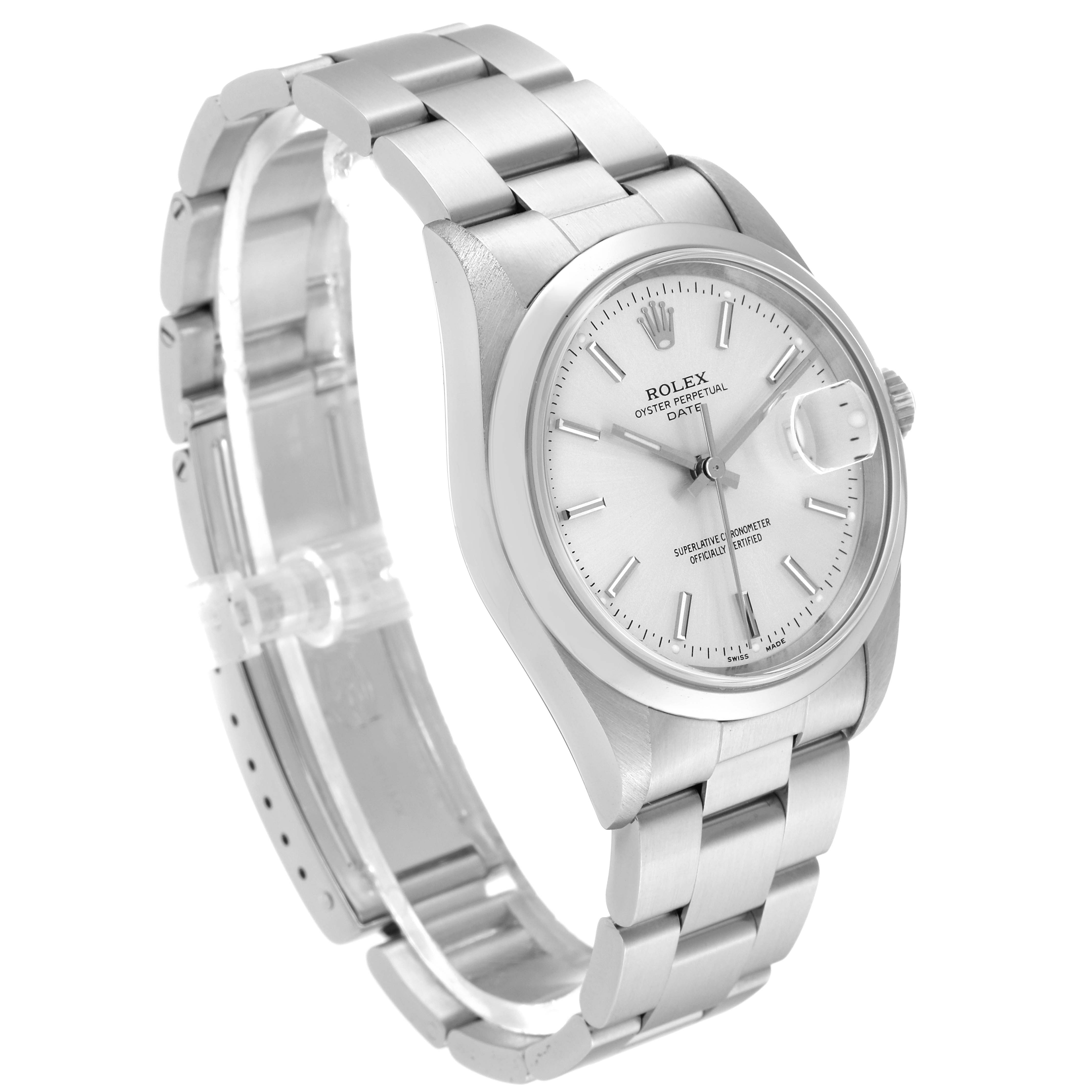 The Rolex Date 15200 Men's Stainless Steel Silver Dial 15200 Men's Stainless Steel Silver Dial watch is displayed at a three-quarter angle, showing its face, bezel, crown, and bracelet.