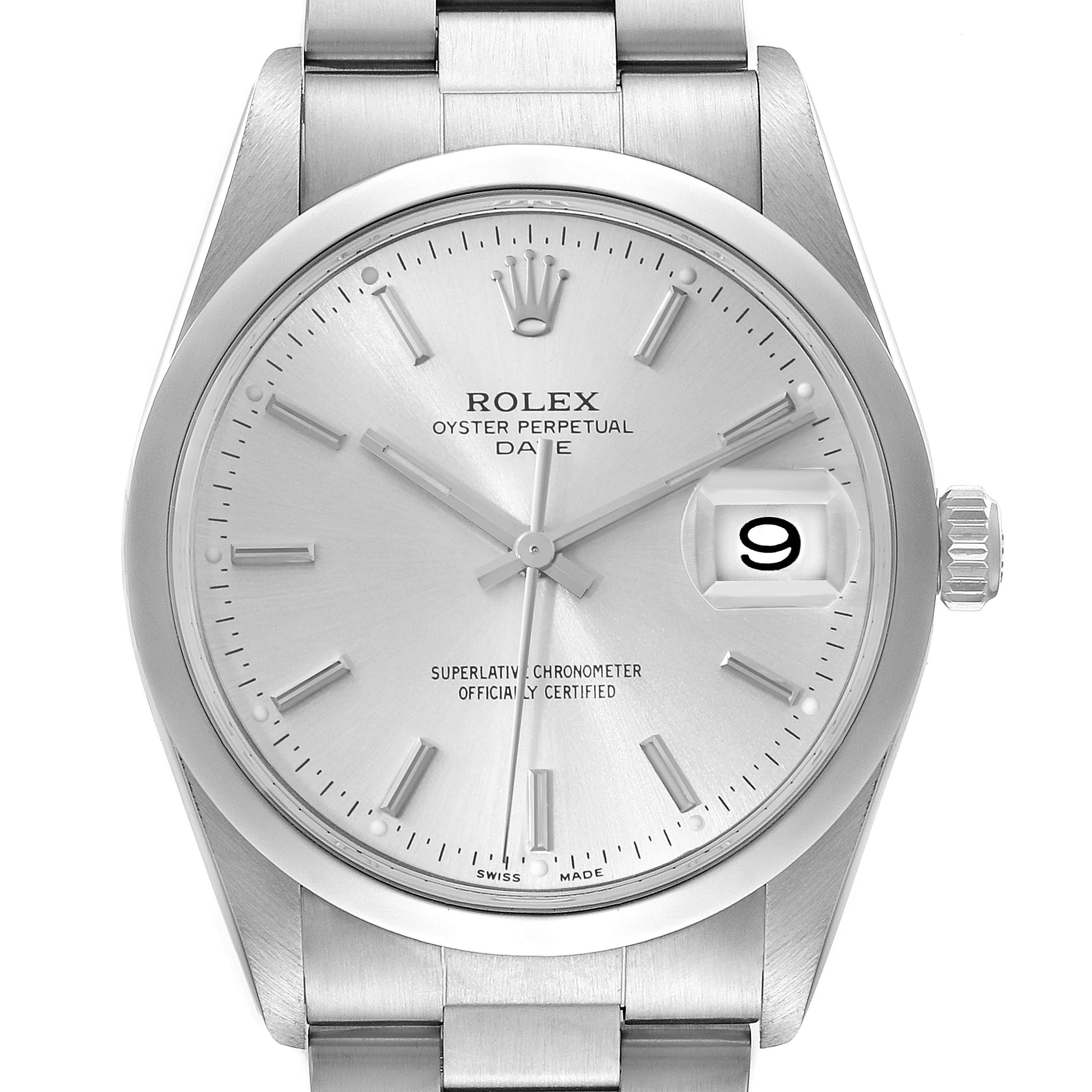 The image shows a front view of a Rolex Date 15200 Men's Stainless Steel Silver Dial 15200 Men's Stainless Steel Silver Dial model, including the dial, hands, date window, and part of the bracelet.