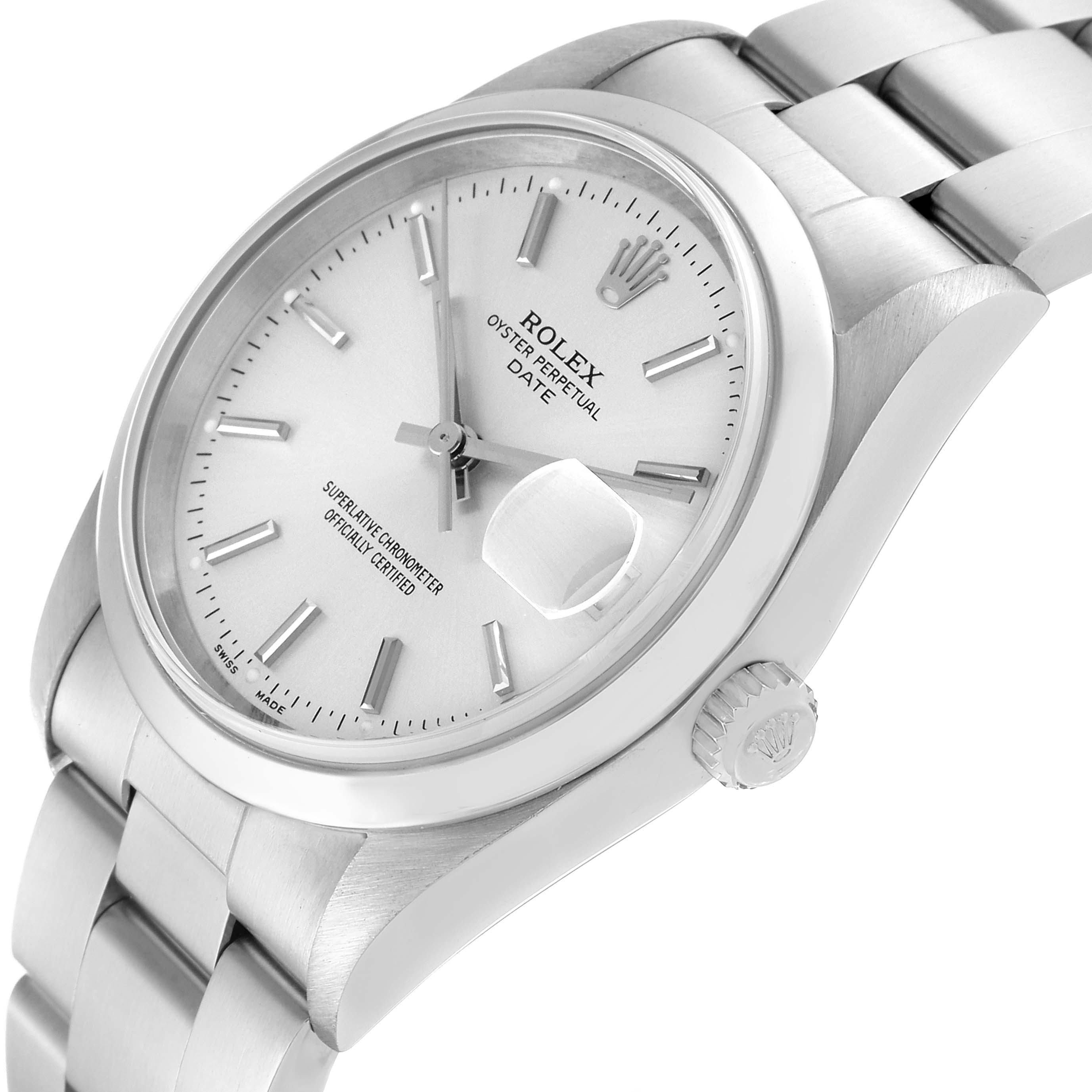 This image shows a Rolex Date 15200 Men's Stainless Steel Silver Dial 15200 Men's Stainless Steel Silver Dial model watch from a slight side angle, highlighting the dial, bezel, crown, and bracelet.