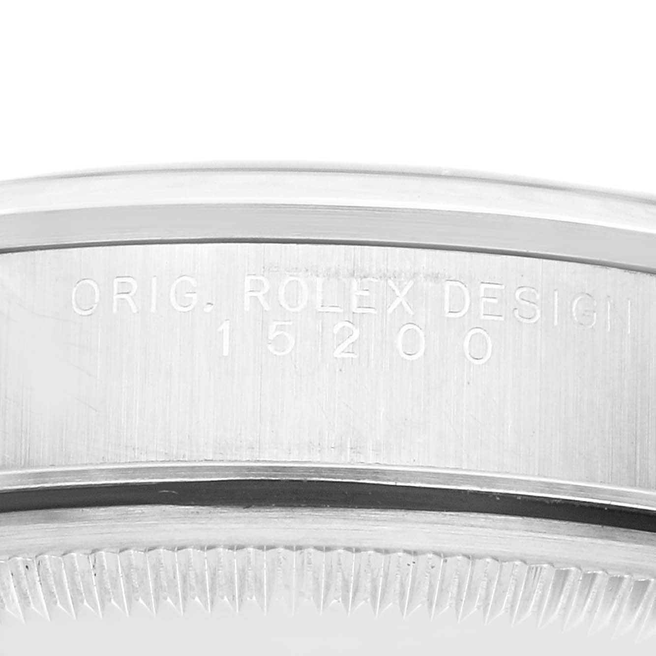 This image shows the side of a Rolex Date 15200 Men's Stainless Steel Silver Dial 15200 Men's Stainless Steel Silver Dial model, focusing on the engraved case with the model number 15200.