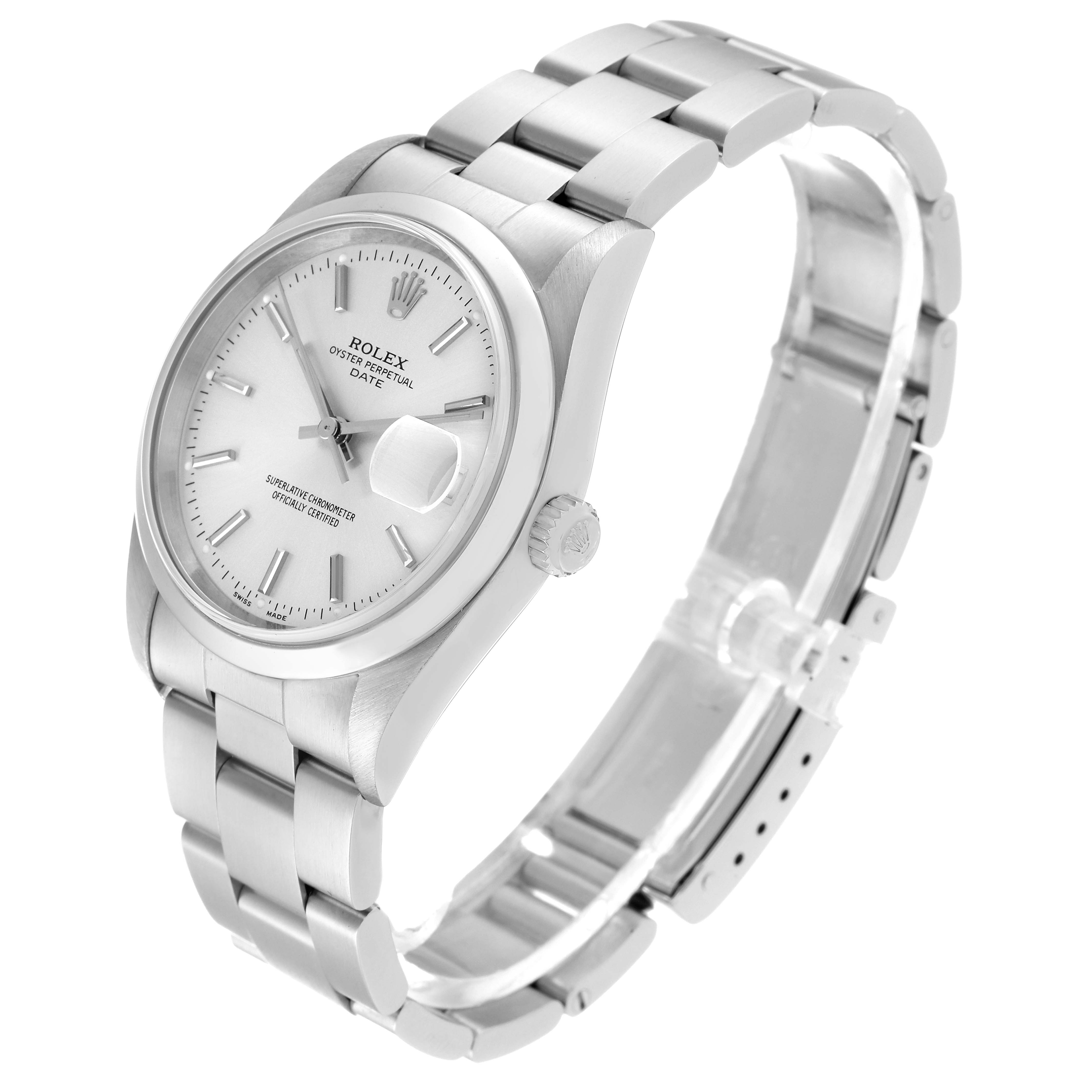 This image shows the Rolex Date 15200 Men's Stainless Steel Silver Dial 15200 Men's Stainless Steel Silver Dial model watch at a three-quarter angle, highlighting the bracelet, crown, and face with date window.