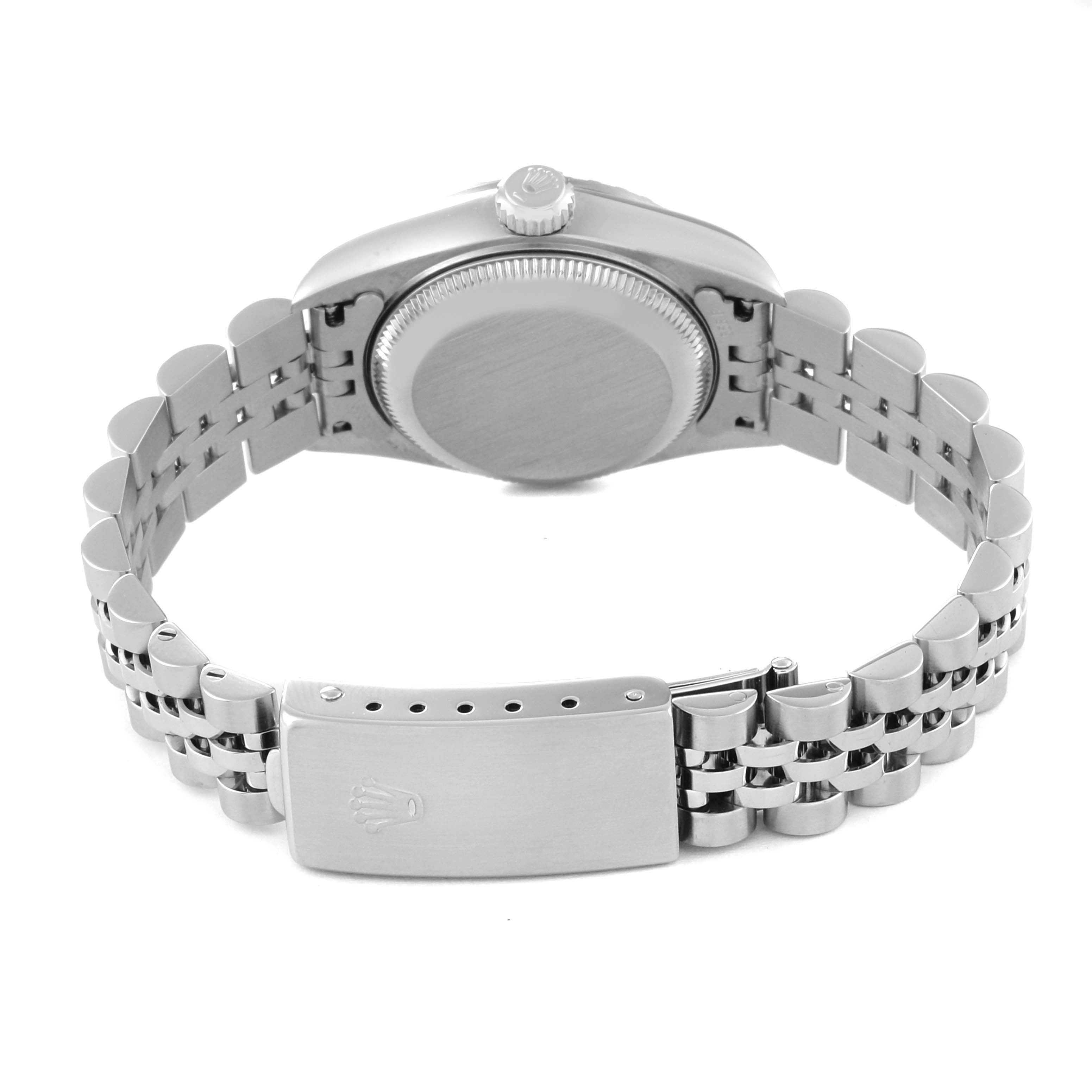 This image shows the back view of a Rolex Date 79240 Women
s Stainless Steel Silver Dial 79240 Women
s Stainless Steel Silver Dial model watch, focusing on the case back and bracelet clasp.