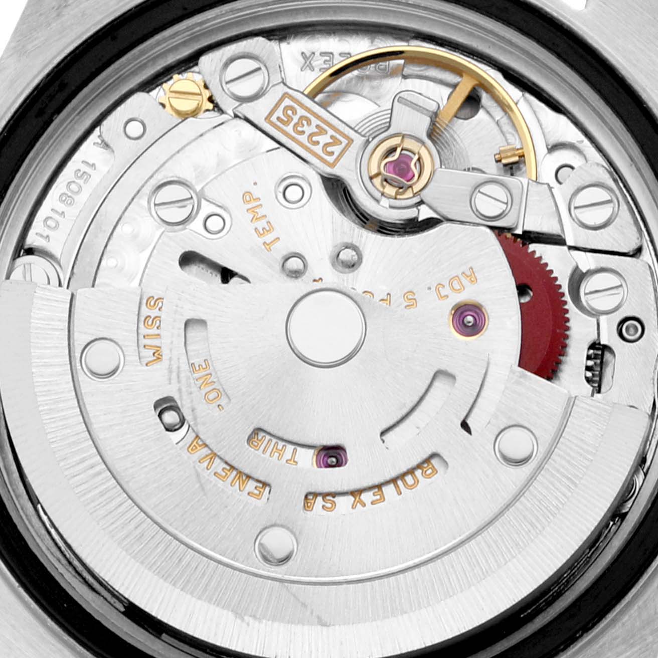 This image shows the exposed movement of a Rolex Date 79240 Women
s Stainless Steel Silver Dial 79240 Women
s Stainless Steel Silver Dial model watch, viewed from the back.