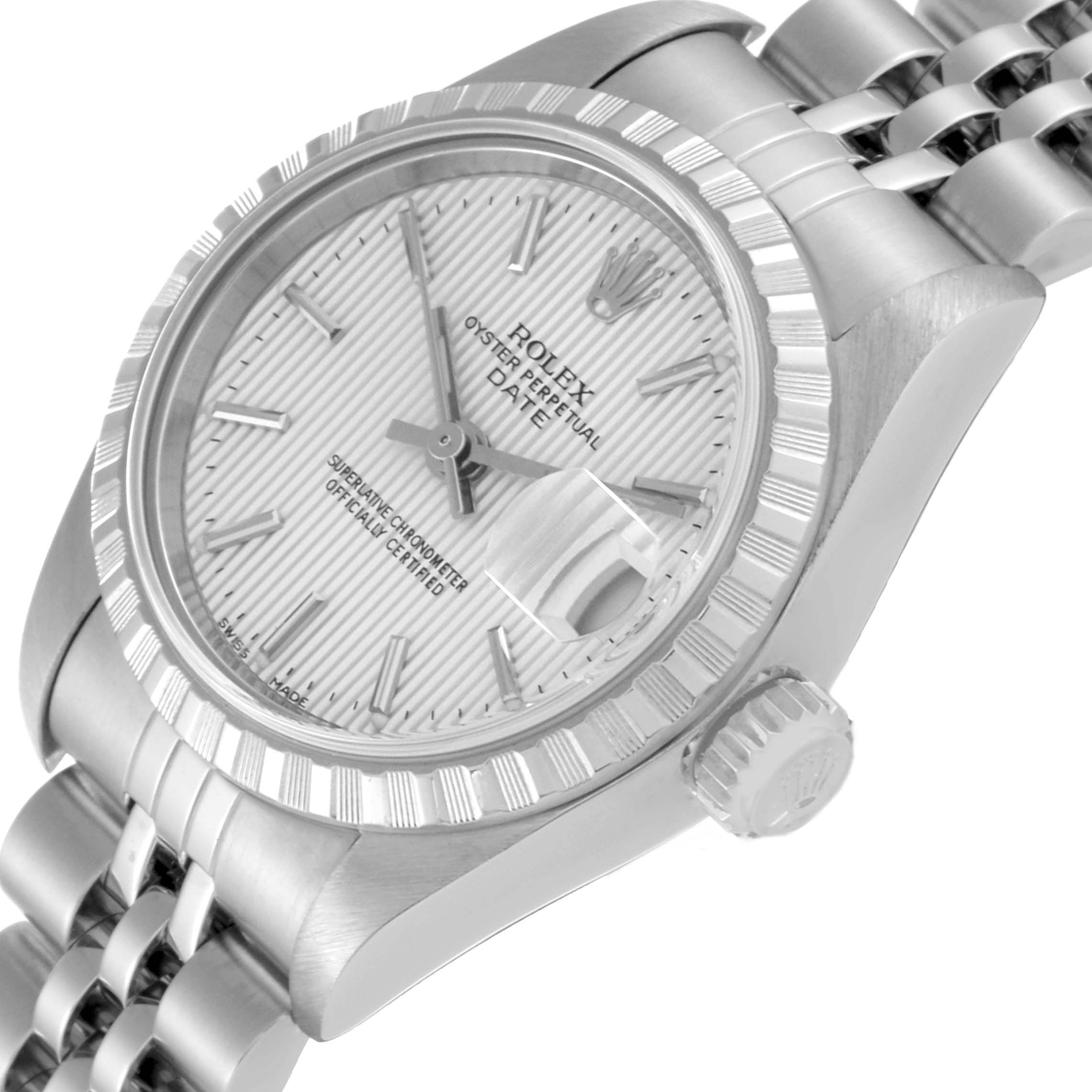 The image shows a close-up angle of the Rolex Date 79240 Women
s Stainless Steel Silver Dial 79240 Women
s Stainless Steel Silver Dial model focusing on the face, bezel, and part of the bracelet.