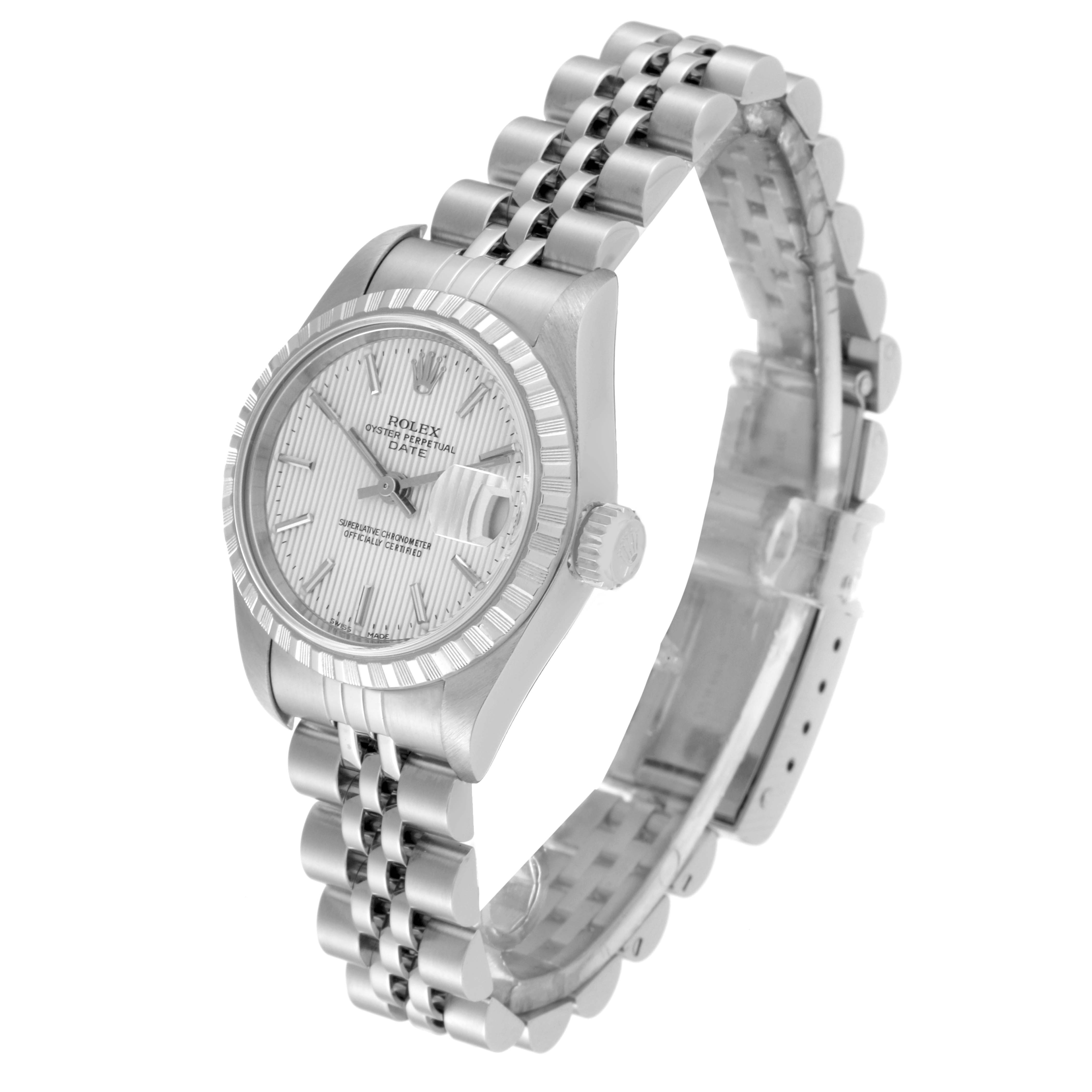 The image shows a Rolex Date 79240 Women
s Stainless Steel Silver Dial 79240 Women
s Stainless Steel Silver Dial model watch angled to showcase the face, bezel, crown, and metal link bracelet.