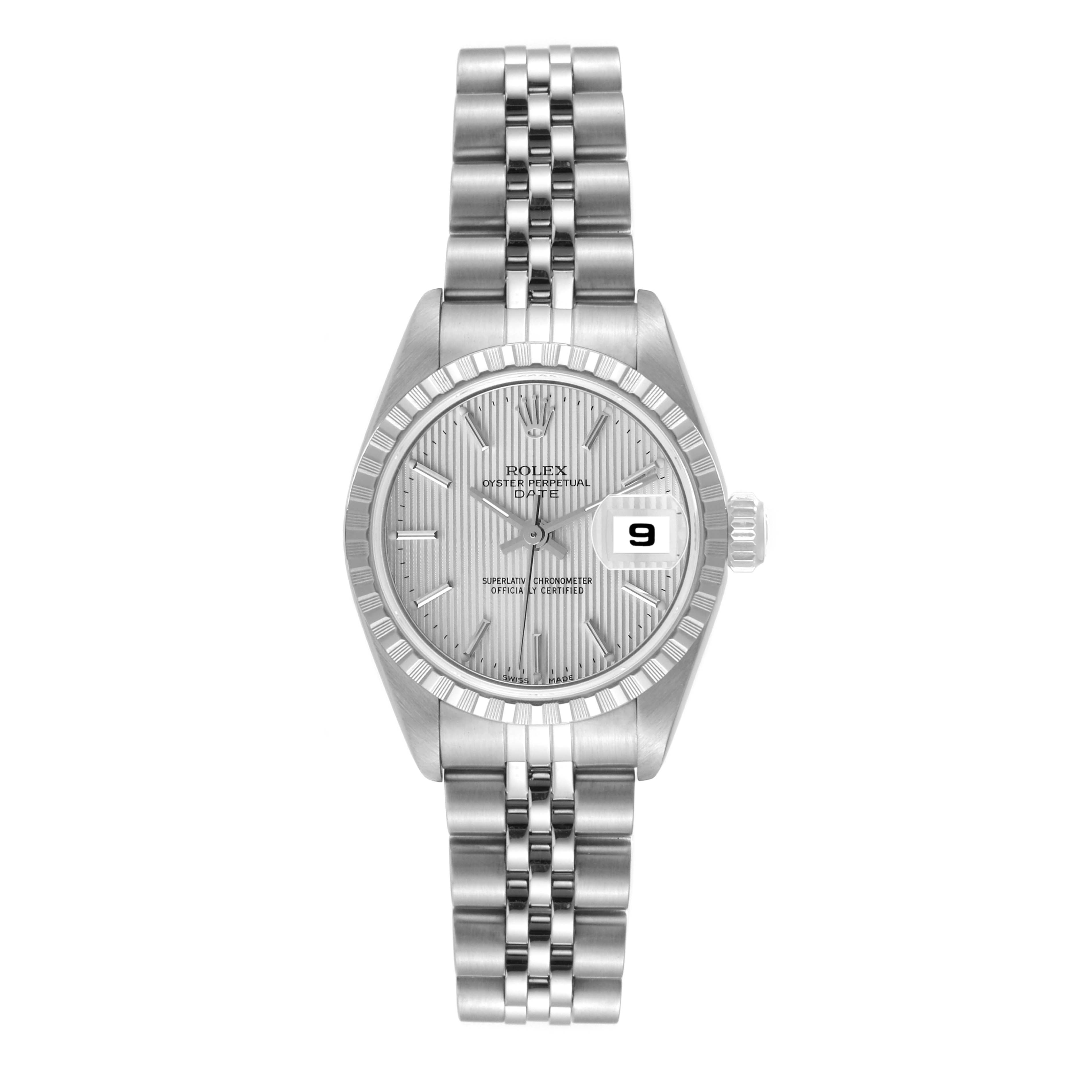 This image shows a frontal view of a Rolex Date 79240 Women
s Stainless Steel Silver Dial 79240 Women
s Stainless Steel Silver Dial model watch displaying the dial, hands, bezel, and bracelet.