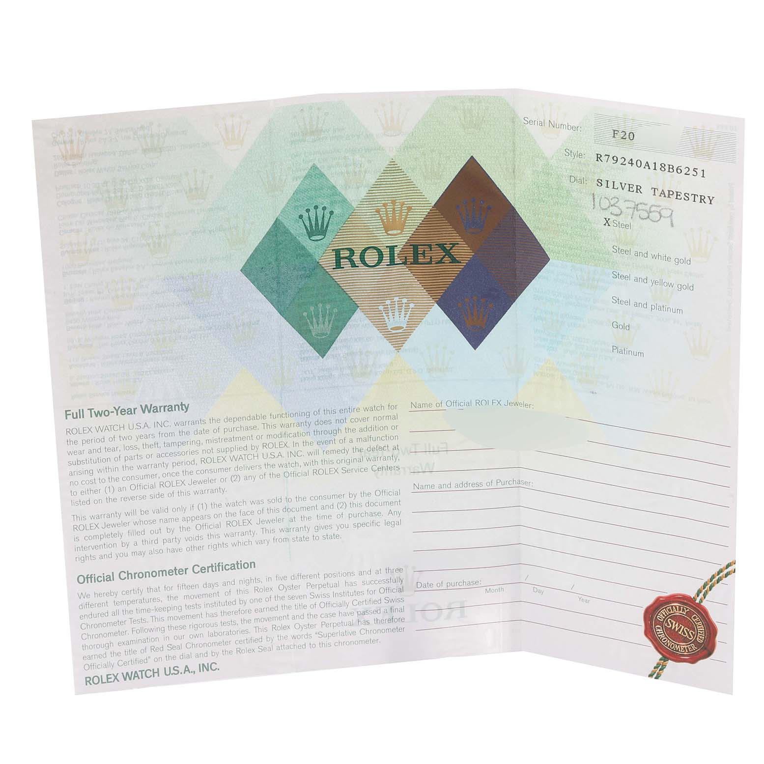 The image shows a warranty card for a Rolex Date 79240 Women
s Stainless Steel Silver Dial 79240 Women
s Stainless Steel Silver Dial watch, typically included with the purchase for Best Quality
ity and warranty purposes.