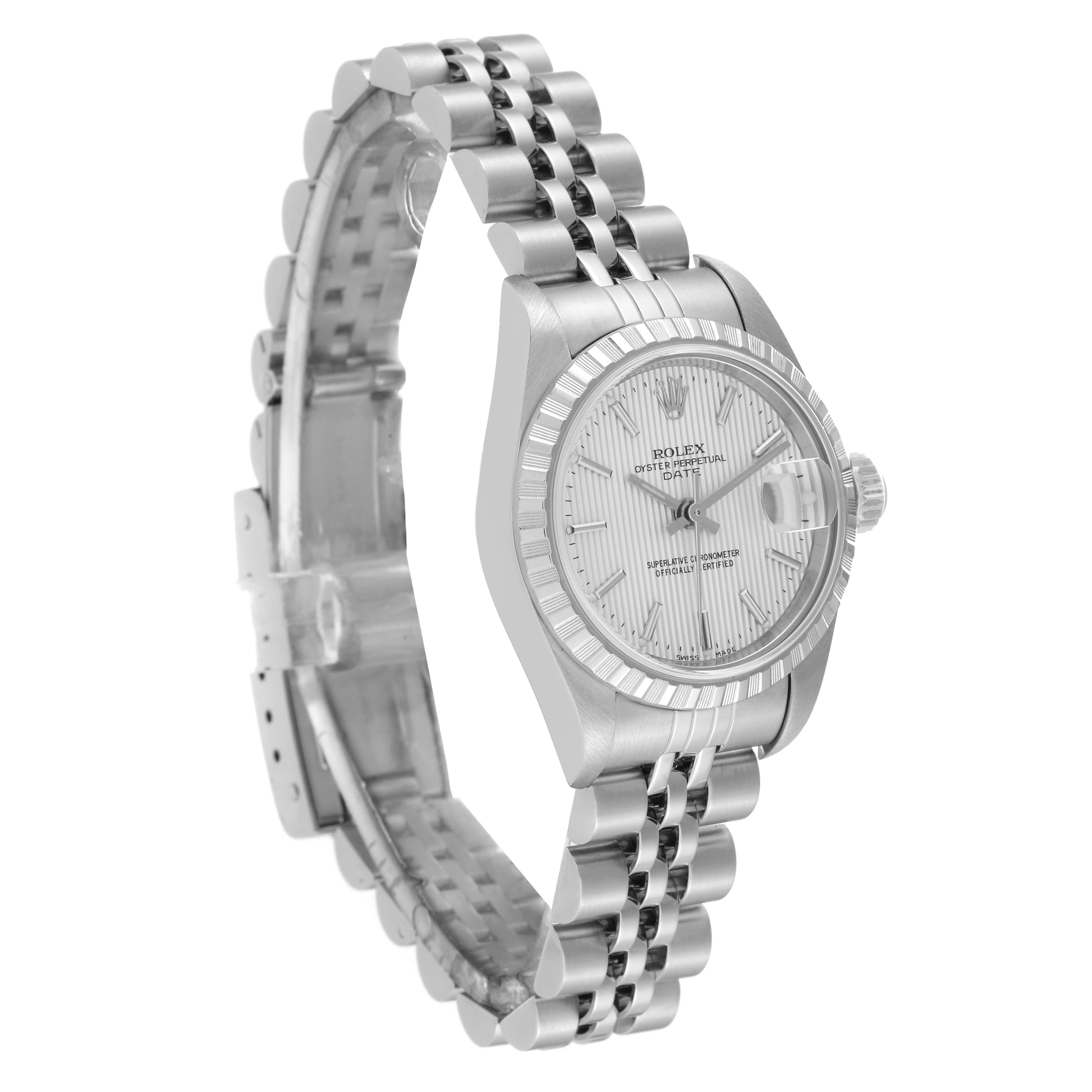 The image shows a Rolex Date 79240 Women
s Stainless Steel Silver Dial 79240 Women
s Stainless Steel Silver Dial model watch at a slight angle, highlighting the bracelet, face, and bezel.
