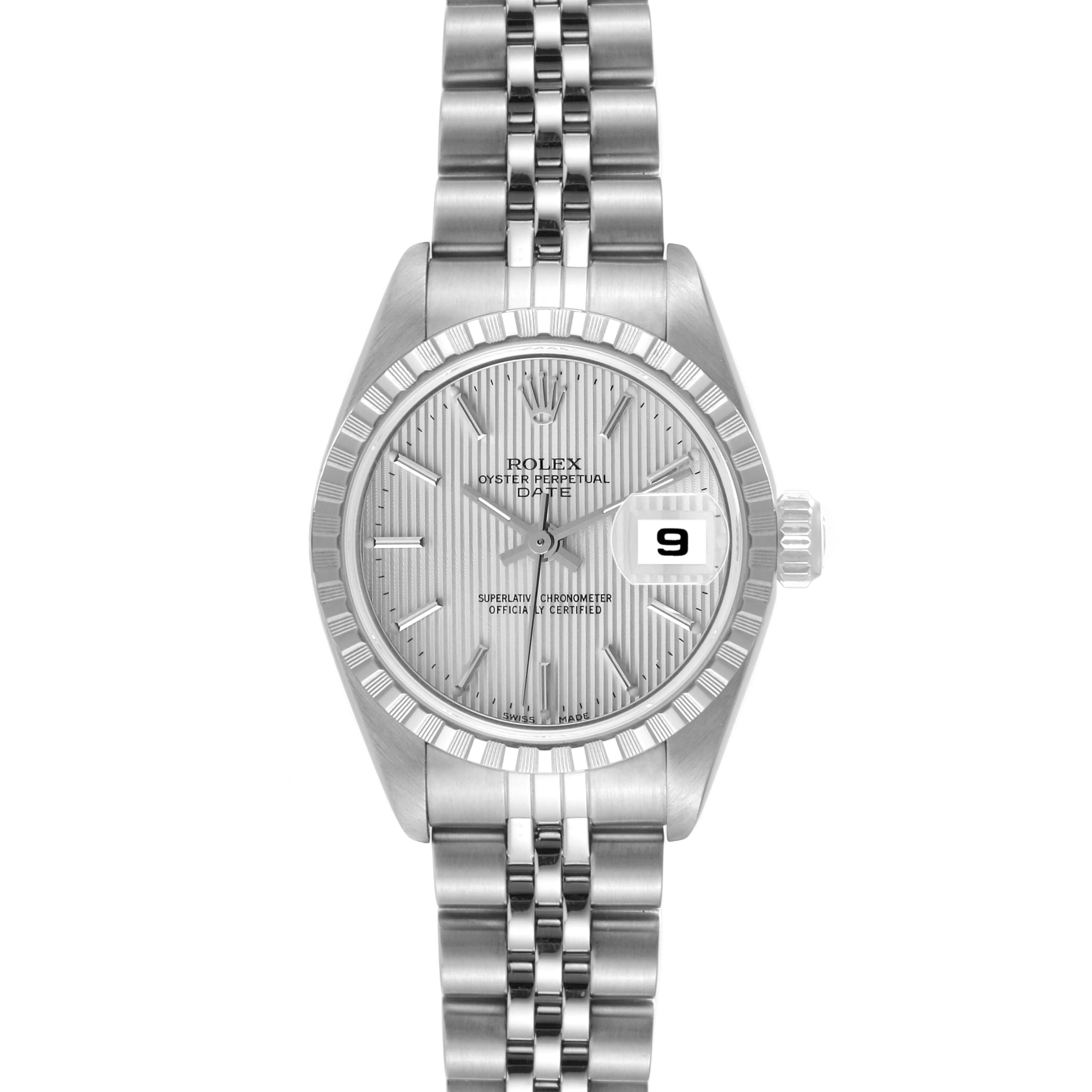 The image shows a front view of a Rolex Date 79240 Women
s Stainless Steel Silver Dial 79240 Women
s Stainless Steel Silver Dial model watch with its stainless steel bracelet and dial.
