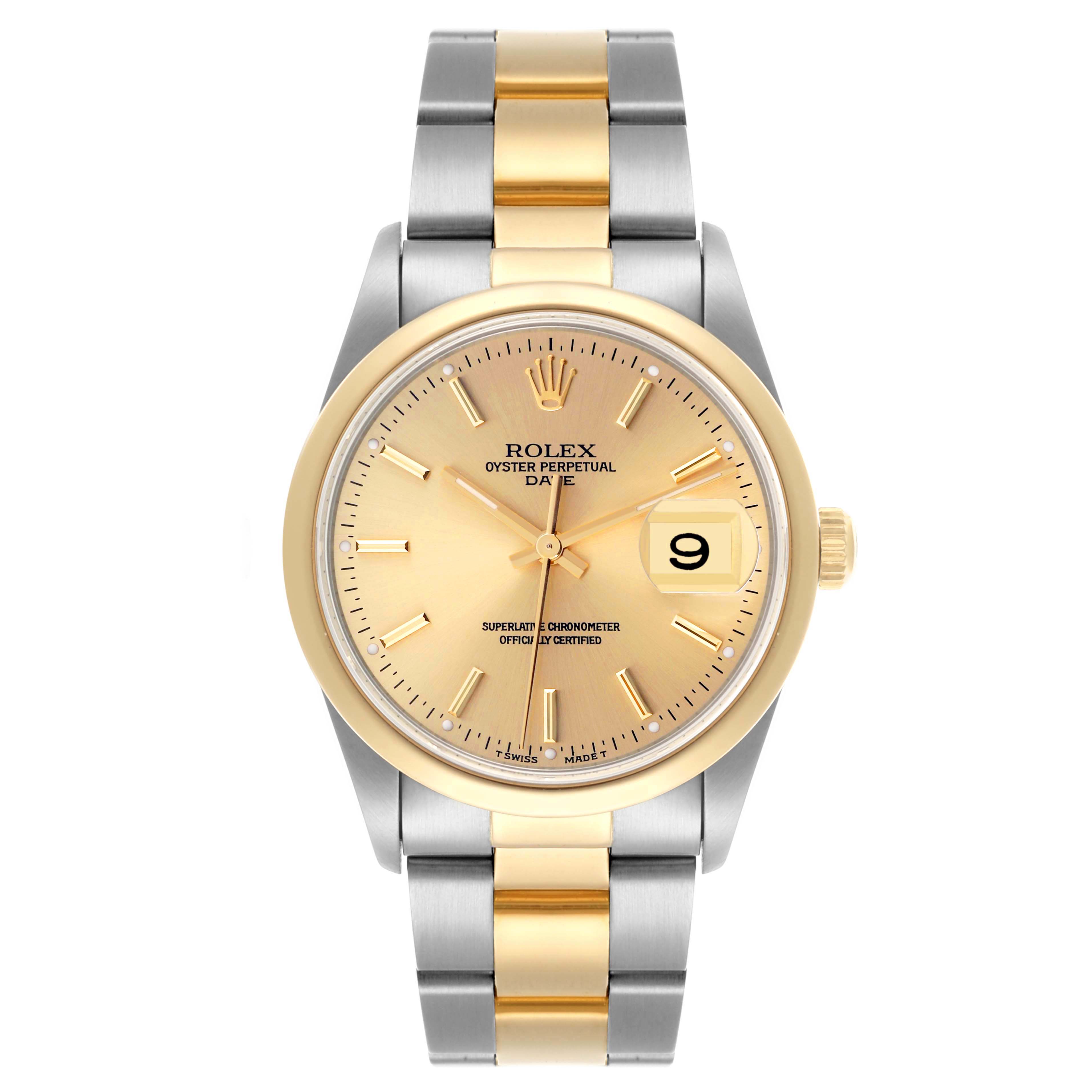 The Rolex Date 15203 Men's Steel and Gold (two tone) Champagne Dial 15203 Men's Steel and Gold (two tone) Champagne Dial watch is shown from the front, highlighting its gold and silver bracelet, dial, and date window.