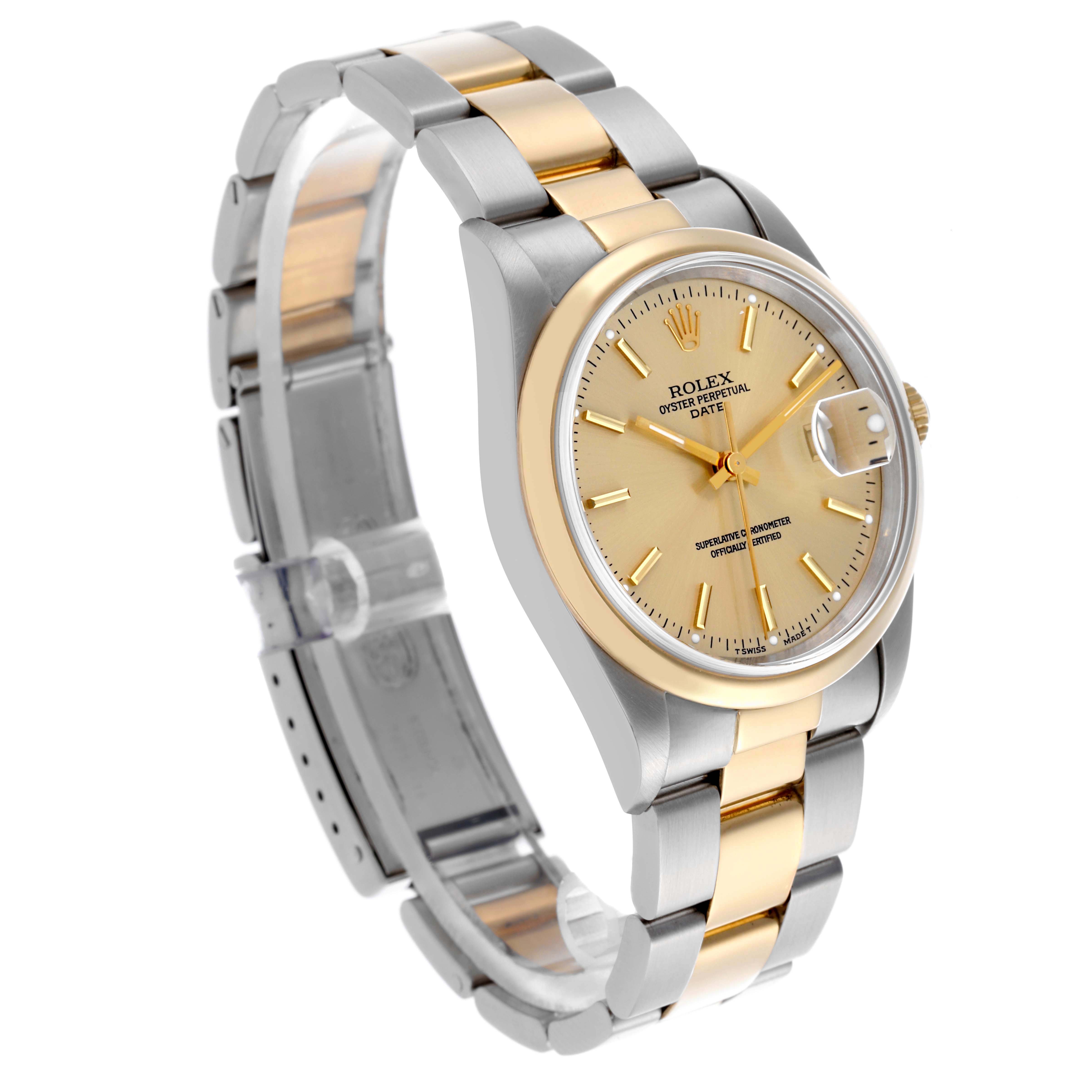 The Rolex Date 15203 Men's Steel and Gold (two tone) Champagne Dial 15203 Men's Steel and Gold (two tone) Champagne Dial watch is shown at a three-quarter angle, highlighting its dial, case, bracelet, and clasp.