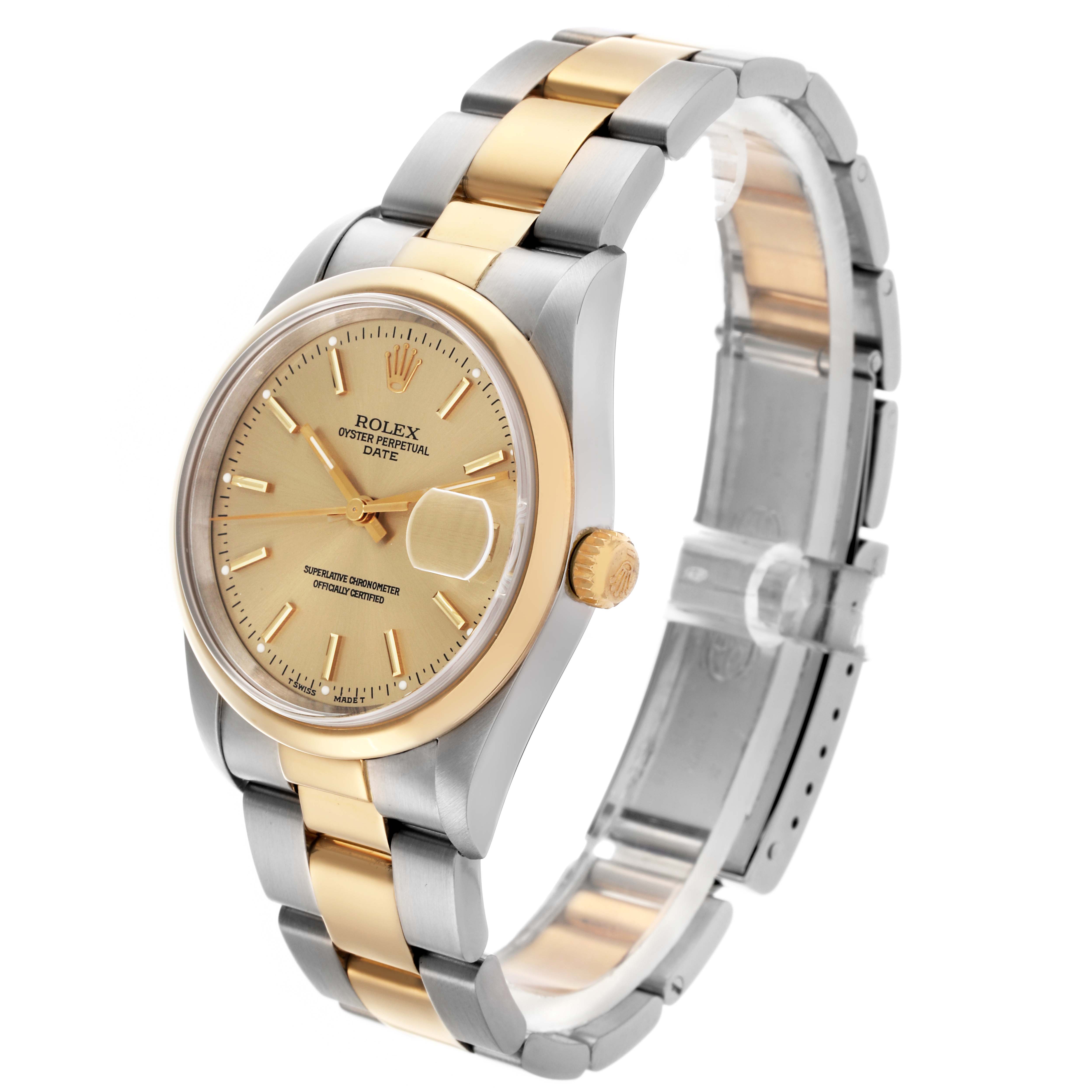 The Rolex Date 15203 Men's Steel and Gold (two tone) Champagne Dial 15203 Men's Steel and Gold (two tone) Champagne Dial watch is shown at a three-quarter angle, highlighting its dial, bezel, bracelet, and crown.