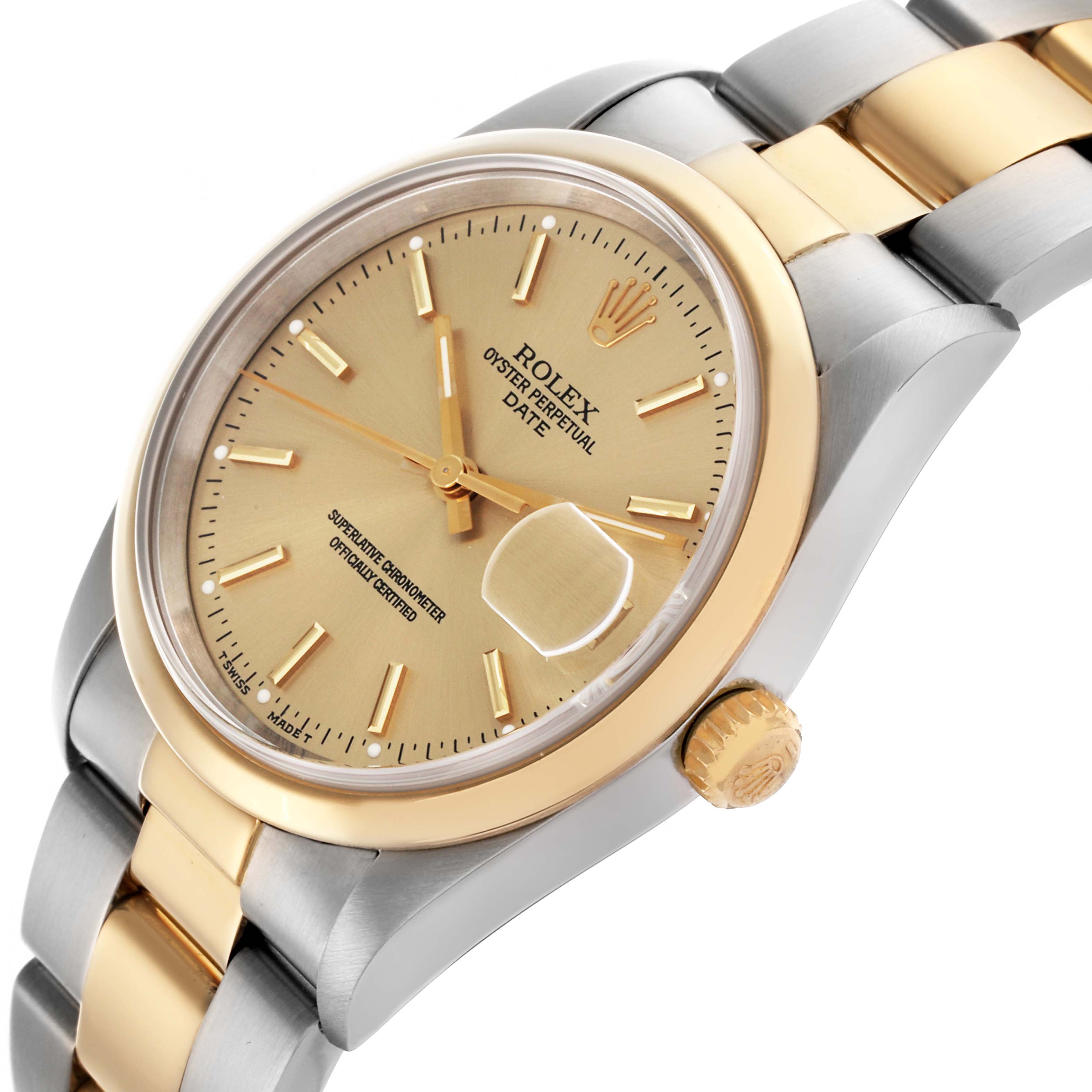 The Rolex Date 15203 Men's Steel and Gold (two tone) Champagne Dial 15203 Men's Steel and Gold (two tone) Champagne Dial watch is shown at a slight angle, highlighting the gold dial, bezel, bracelet, and date magnifier.