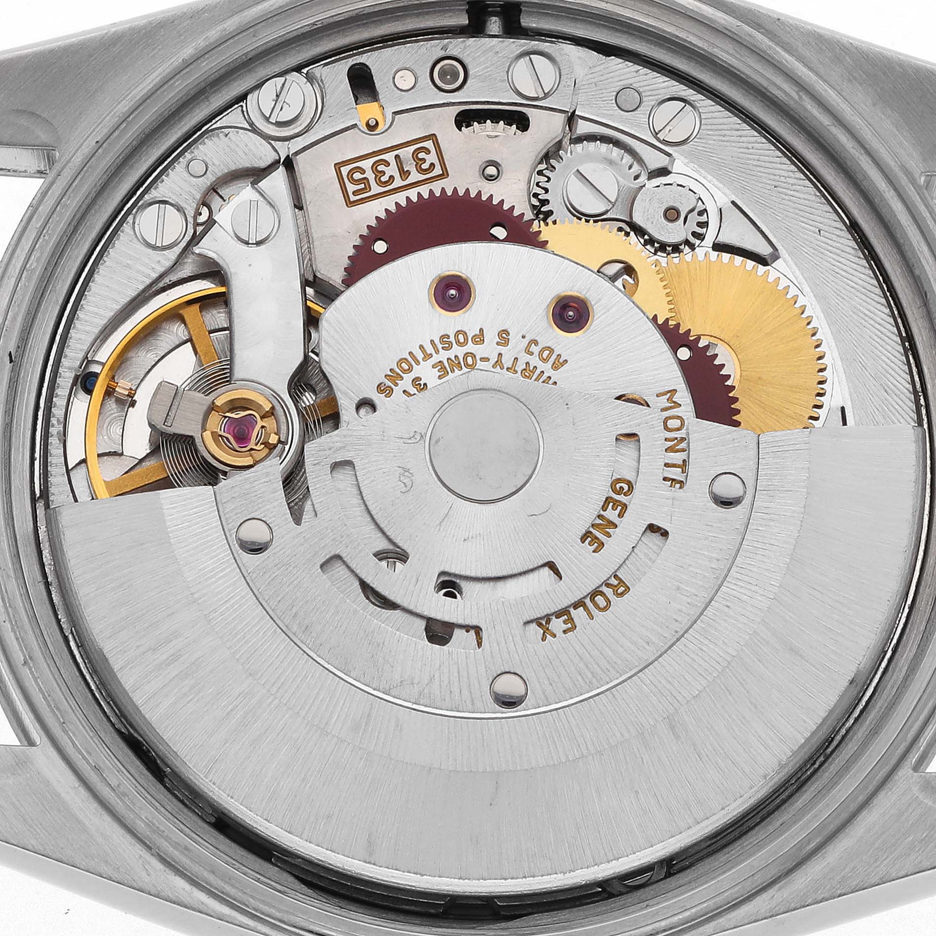 This image shows a close-up of the movement of the Rolex Date 15203 Men's Steel and Gold (two tone) Champagne Dial 15203 Men's Steel and Gold (two tone) Champagne Dial model, displaying gears and mechanisms inside the watch.