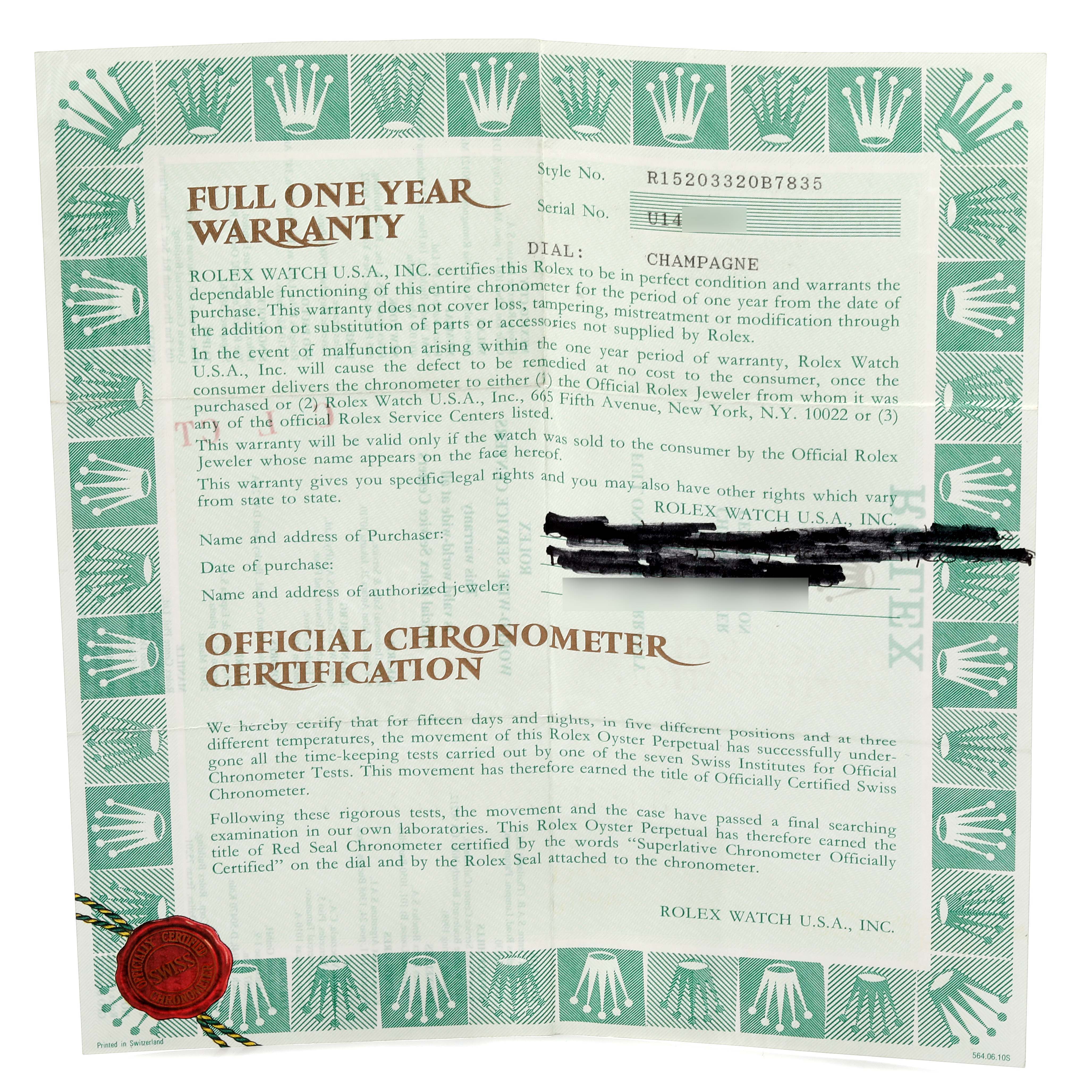 The image shows a Rolex Date 15203 Men's Steel and Gold (two tone) Champagne Dial 15203 Men's Steel and Gold (two tone) Champagne Dial model warranty and chronometer certification document.