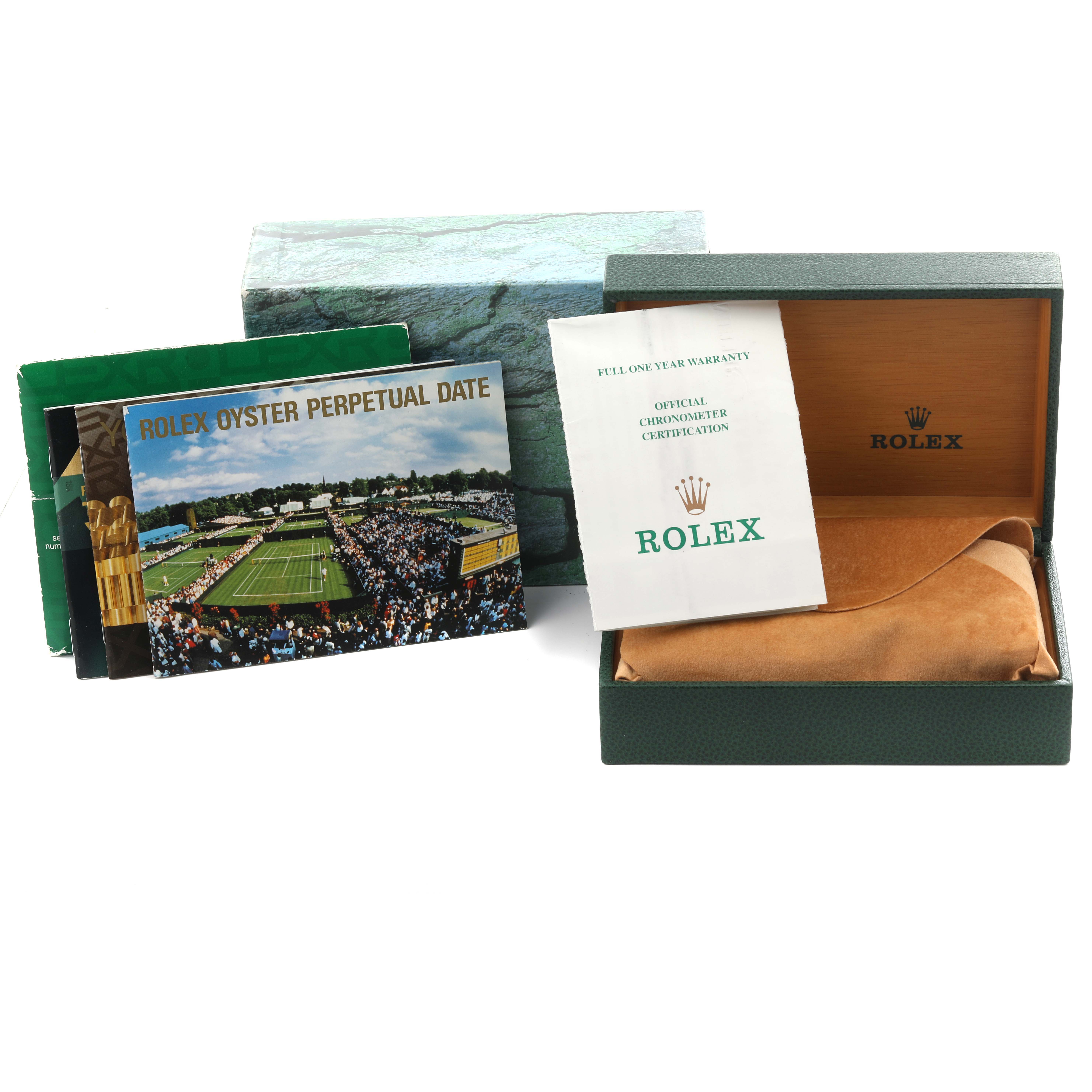 The image shows a Rolex Date 15203 Men's Steel and Gold (two tone) Champagne Dial 15203 Men's Steel and Gold (two tone) Champagne Dial model box, warranty paperwork, and an open green case with a cushion.