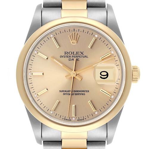 The Rolex Date watch is shown from the front, displaying the dial, hands, crown, and date window.