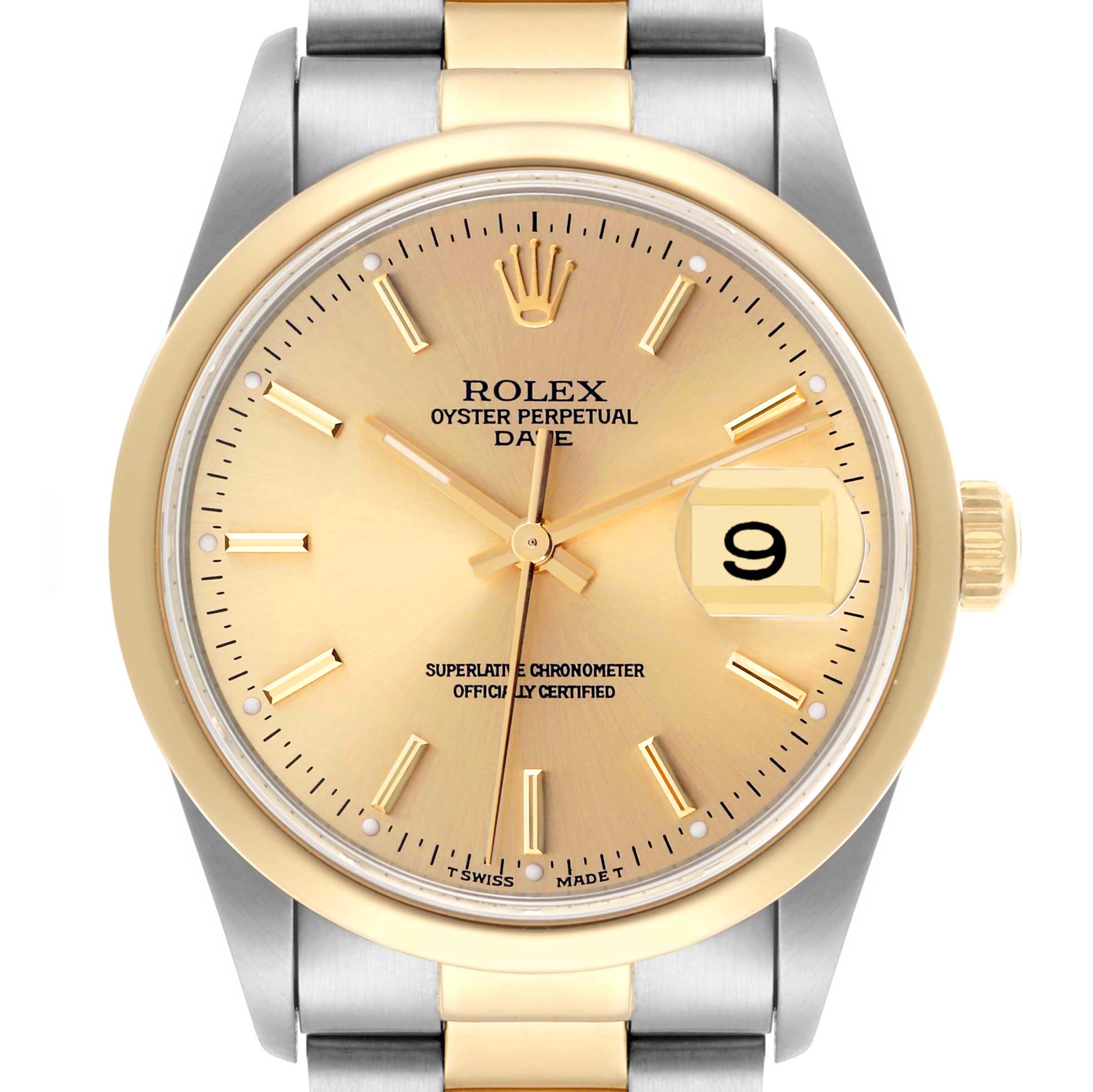 The Rolex Date 15203 Men's Steel and Gold (two tone) Champagne Dial 15203 Men's Steel and Gold (two tone) Champagne Dial watch is shown from a front angle, featuring the dial, bezel, date window, and part of the bracelet.
