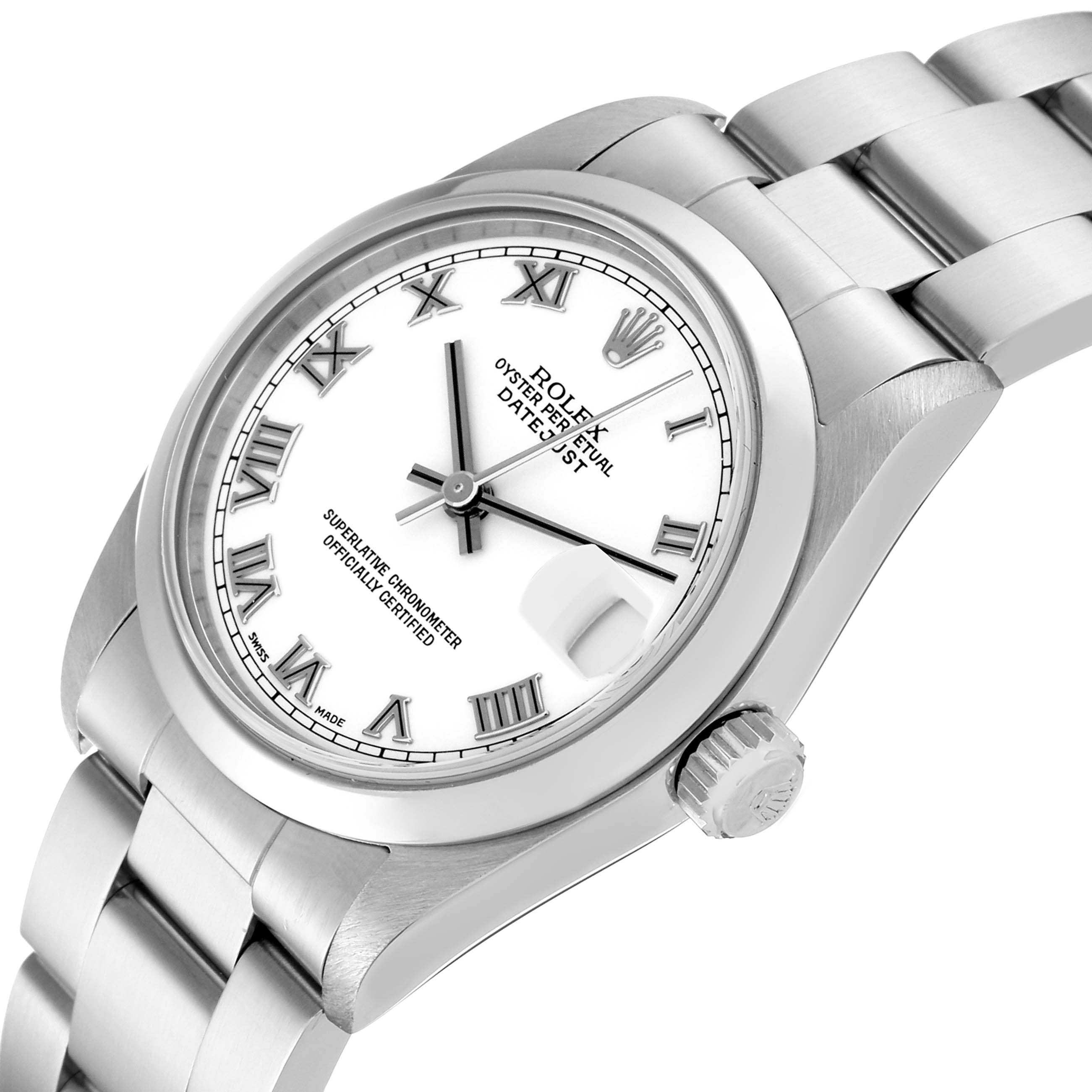 The Rolex Datejust Mid-Size watch is shown at a slight angle, highlighting its face, crown, and part of the bracelet.