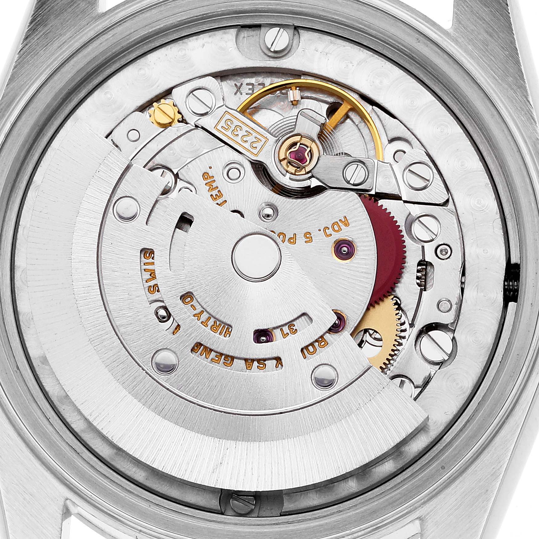 This image shows the internal mechanical movement of a Mid-Size Rolex watch from a rear angle.