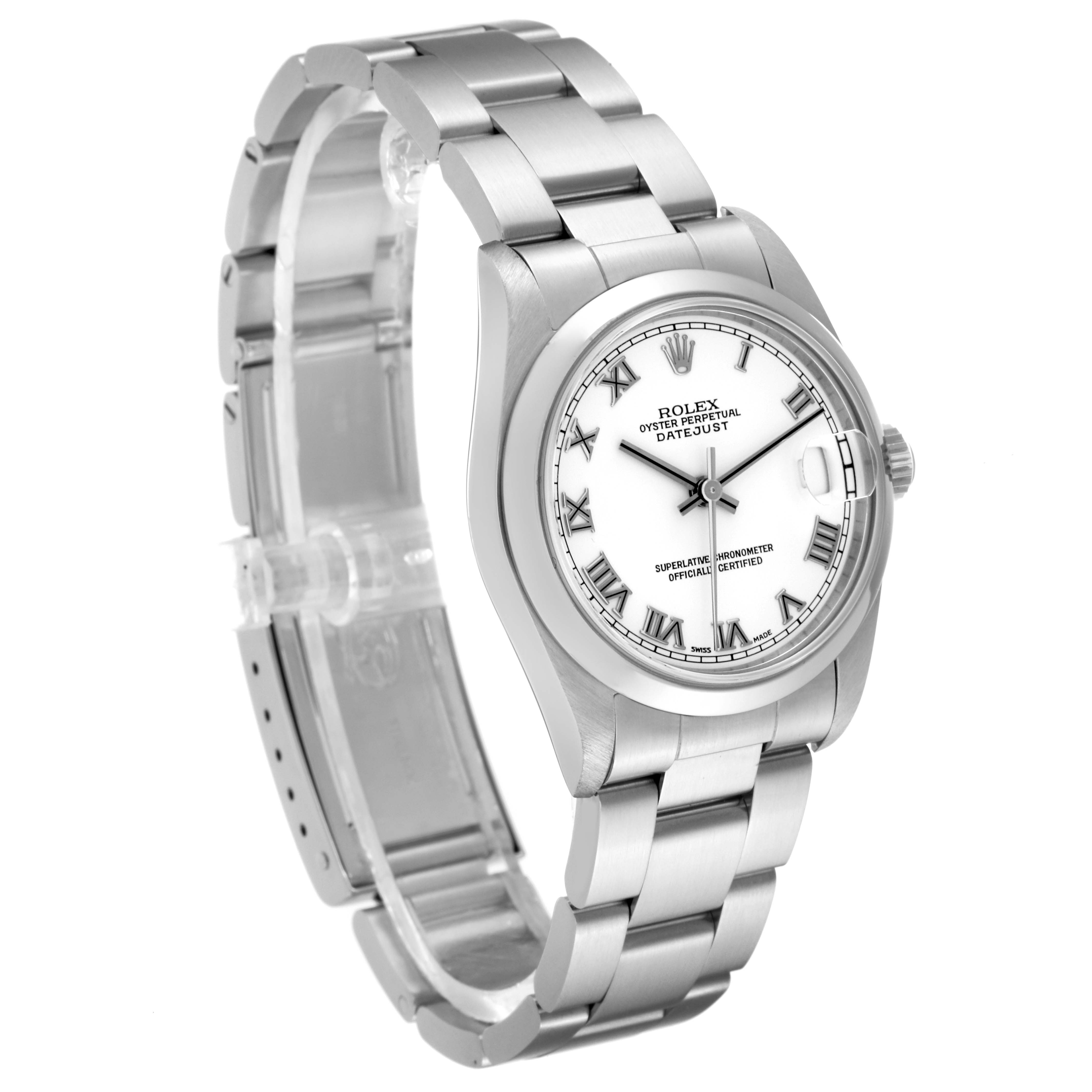 The image shows a side angle of the Mid-Size Rolex Datejust, highlighting the face, clasp, and bracelet.
