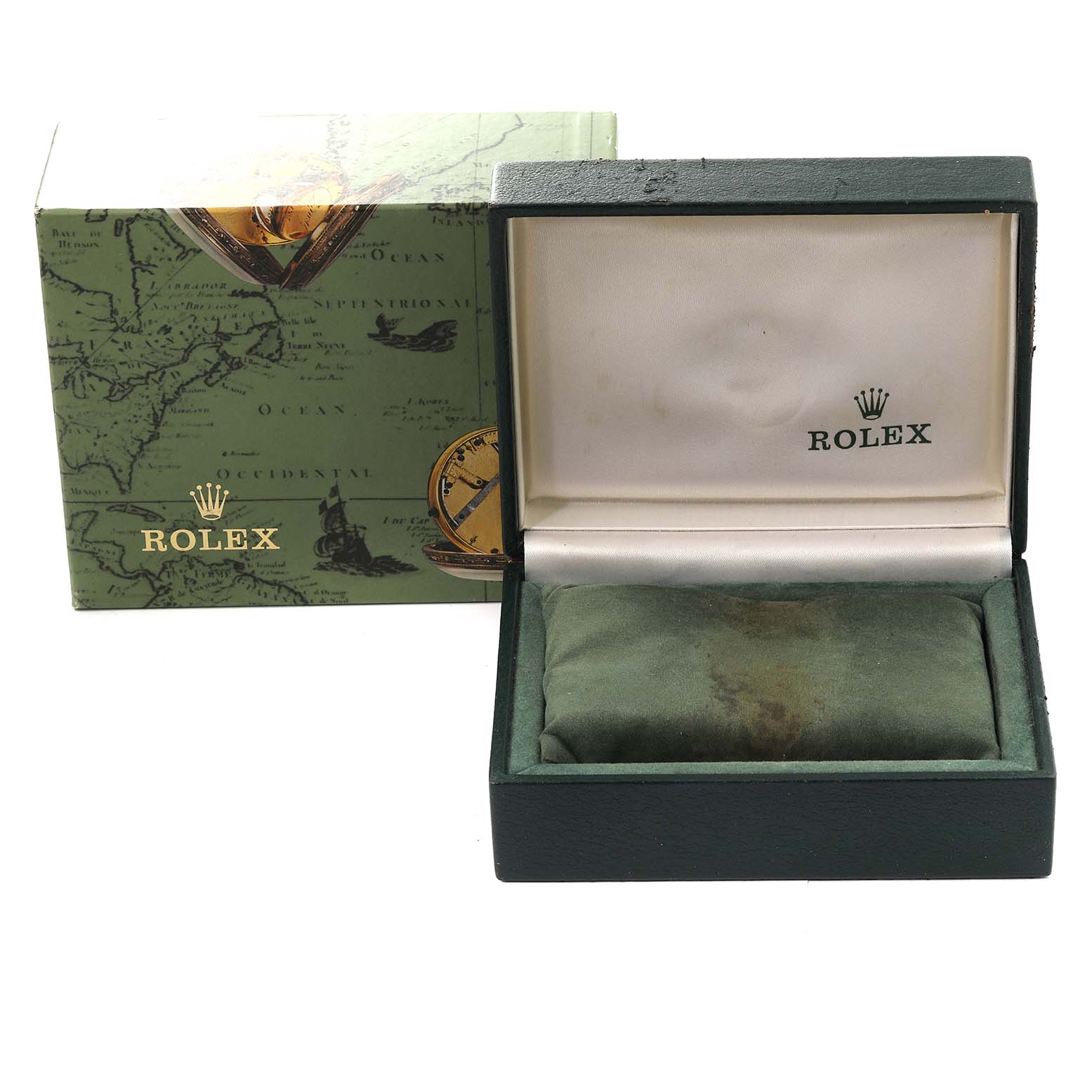 The image shows the box and case for a Mid-Size Rolex watch, with the inner cushion and branding visible.